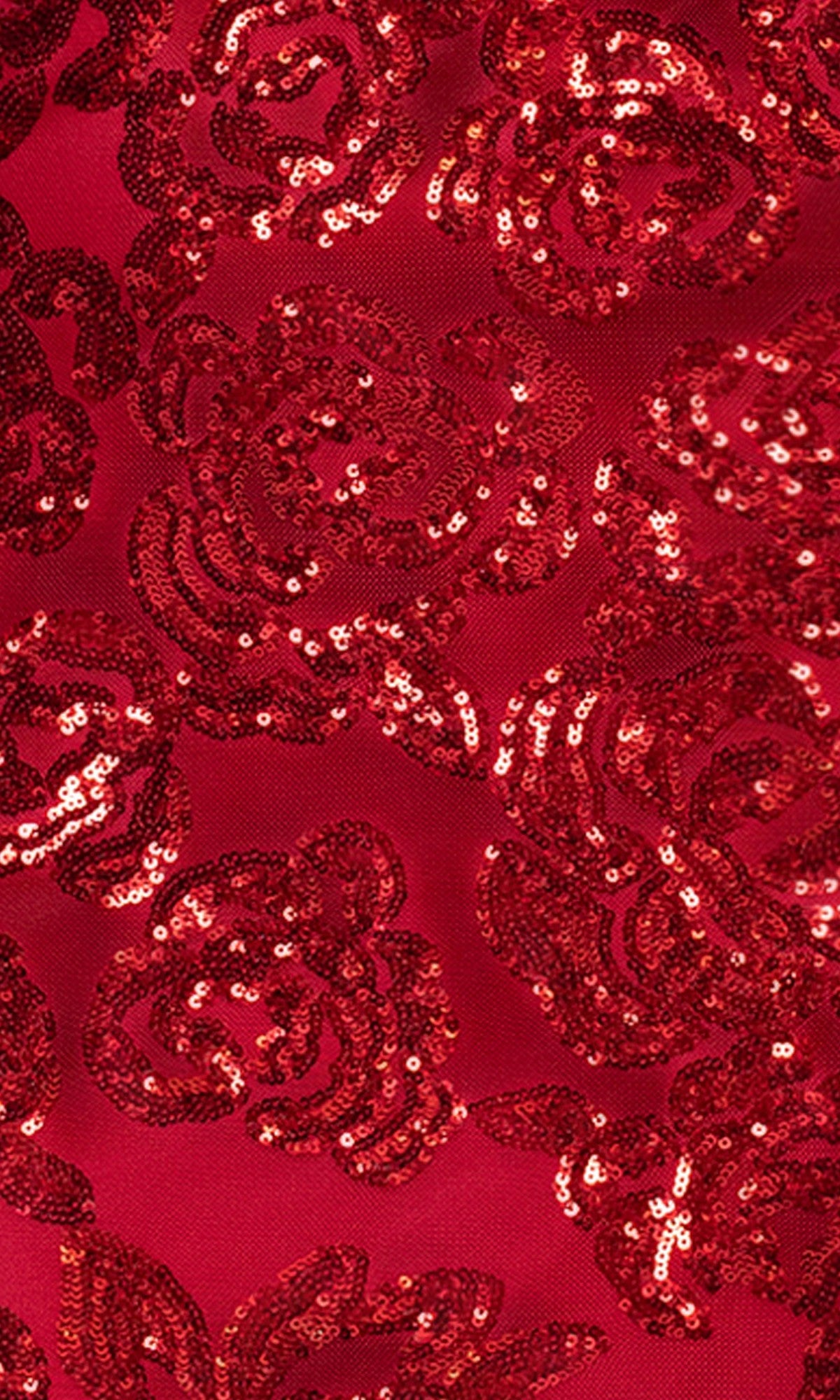 Close-up of the Long Prom Dress: Blondie Nites 5905BN in red, featuring shiny, sequined floral patterns.