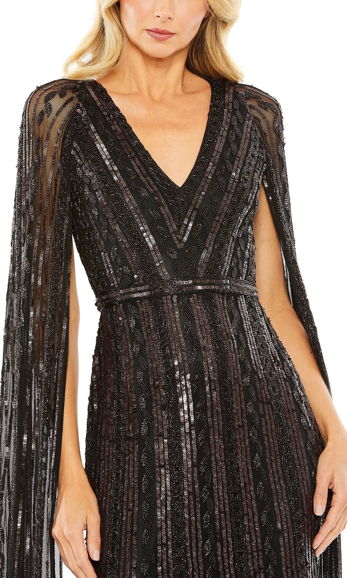 Woman wearing the Long Formal Dress 5915 by Mac Duggal—a black sequin gown with a V-neckline and sheer, embellished cape sleeves—shown from shoulders to mid-thigh.