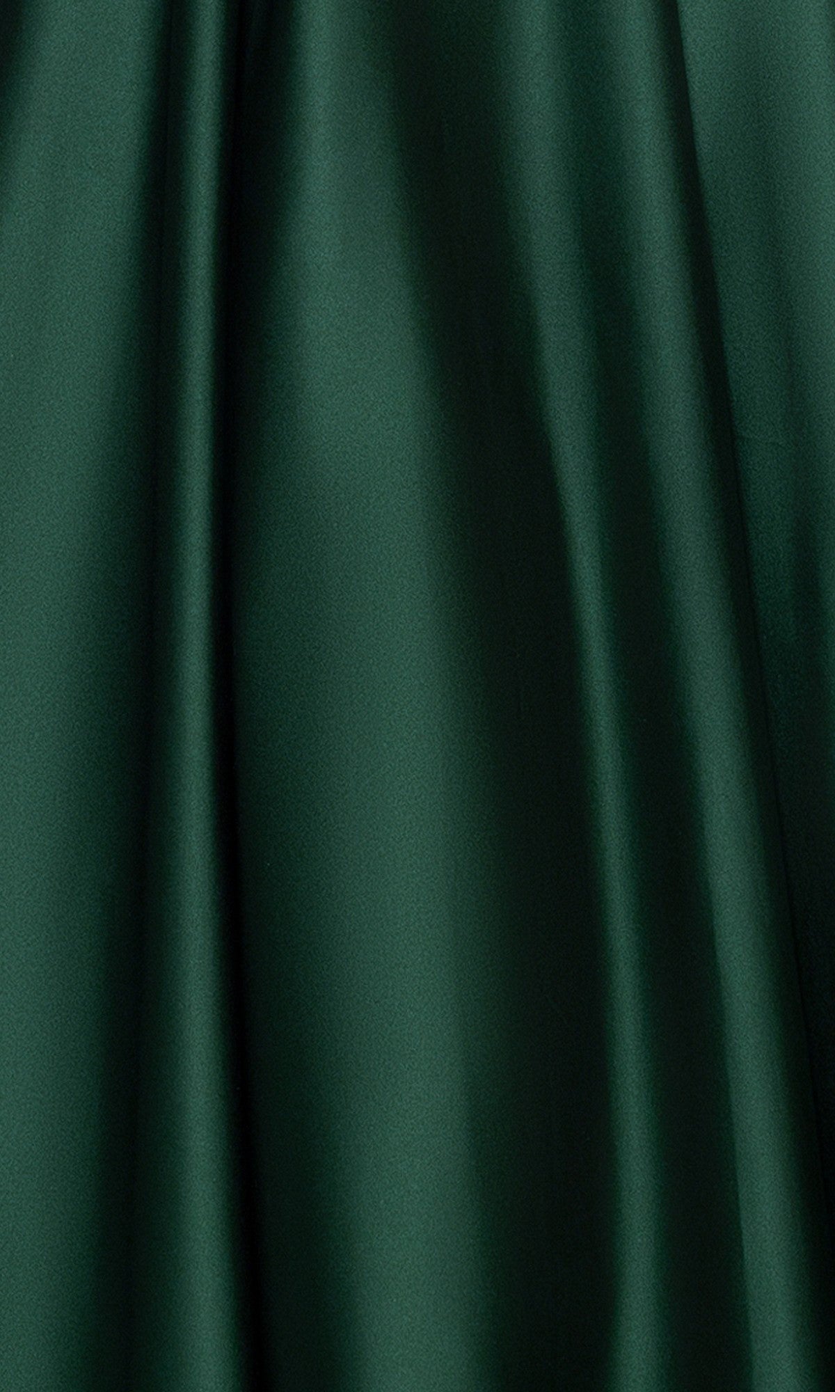 Close-up of the dark green, shiny, smooth fabric with soft reflections and visible folds from the Blondie Nites 5918BN long prom dress, reminiscent of a strapless satin gown with elegant floral embroidery.
