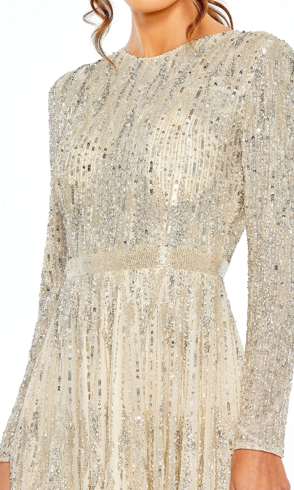 A woman models the Mac Duggal 5923, a cream-colored long sleeve sequin cocktail dress with silver sequins and beading—an elegant semi-formal party choice.