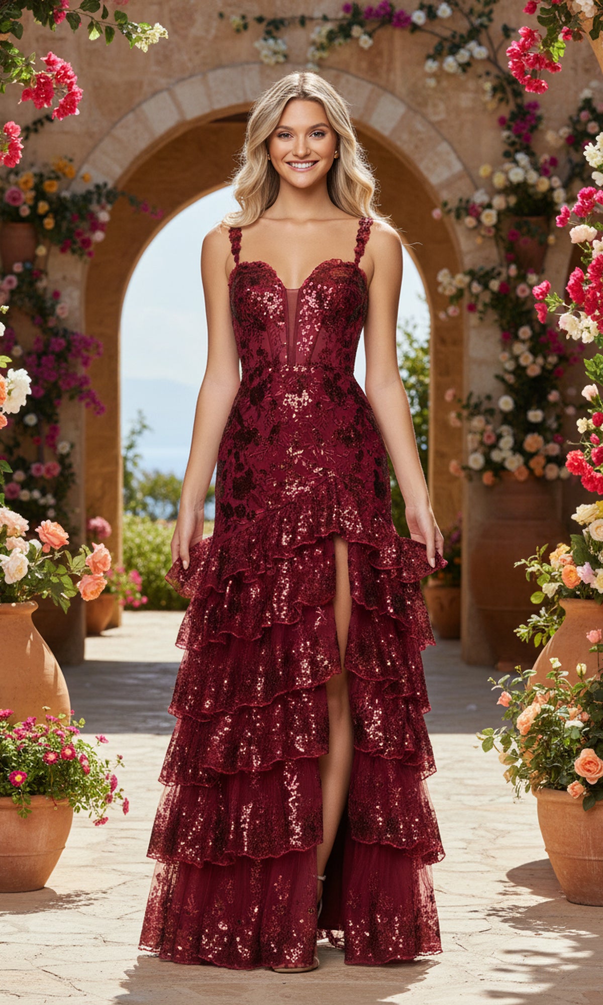 A woman stands outdoors in the Blondie Nites 5962BN long prom dress—sleeveless, burgundy, and covered in sequins with a tiered ruffle skirt—framed by vibrant flowers and stone arches.
