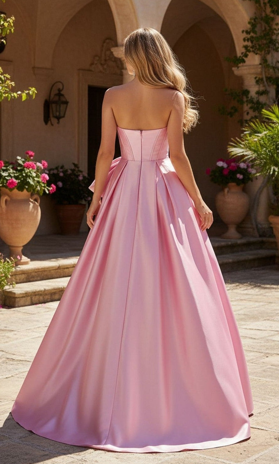 A woman with long, wavy blonde hair stands outdoors in the Blondie Nites 5977BN prom dress—a strapless, satin pink gown with an elegant corset bodice and floor-length a-line skirt—as she faces away from the camera.