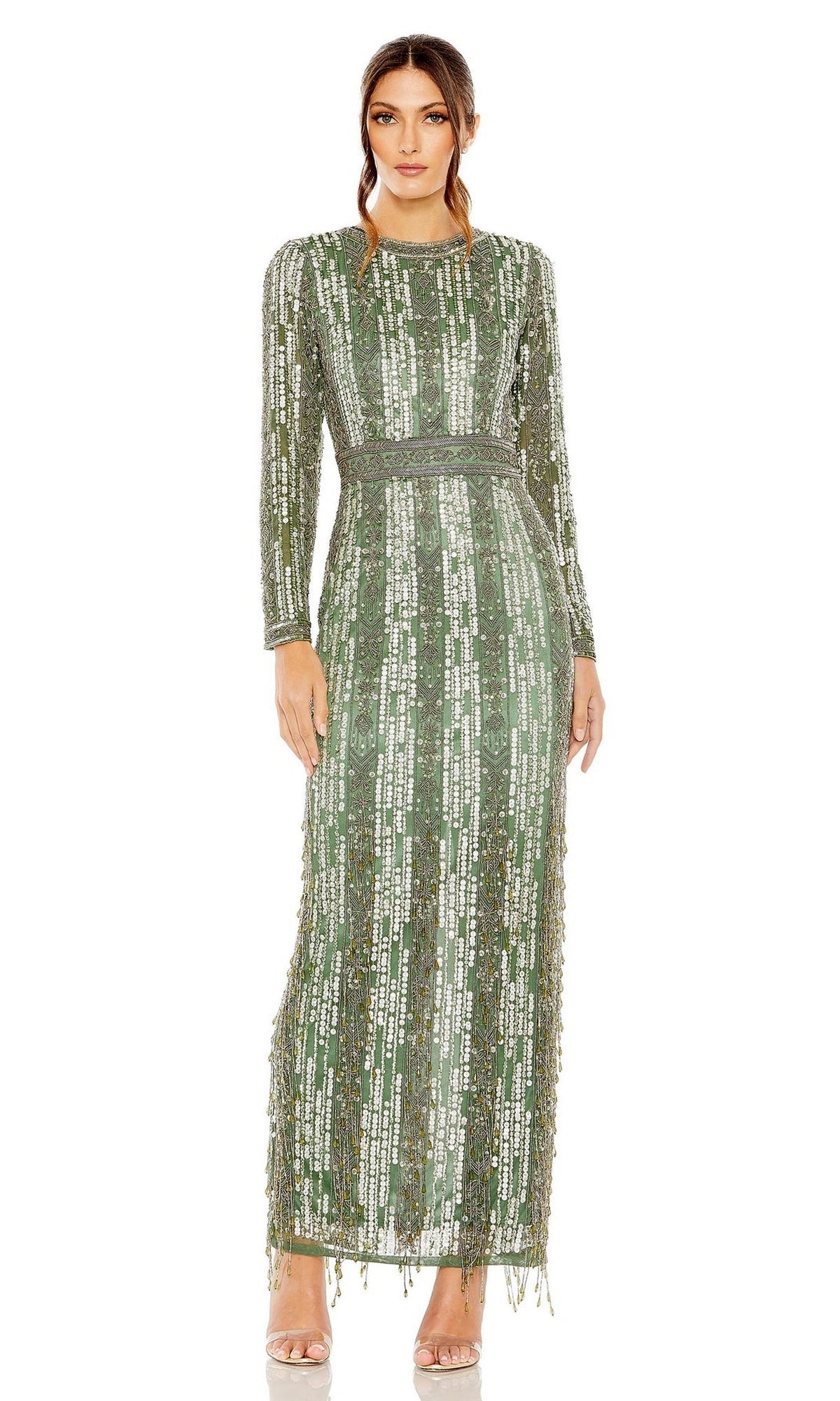 A woman models the Mac Duggal Long Formal Dress 5981, featuring green long sleeves and vertical sequin details, paired with nude heels against a white background.