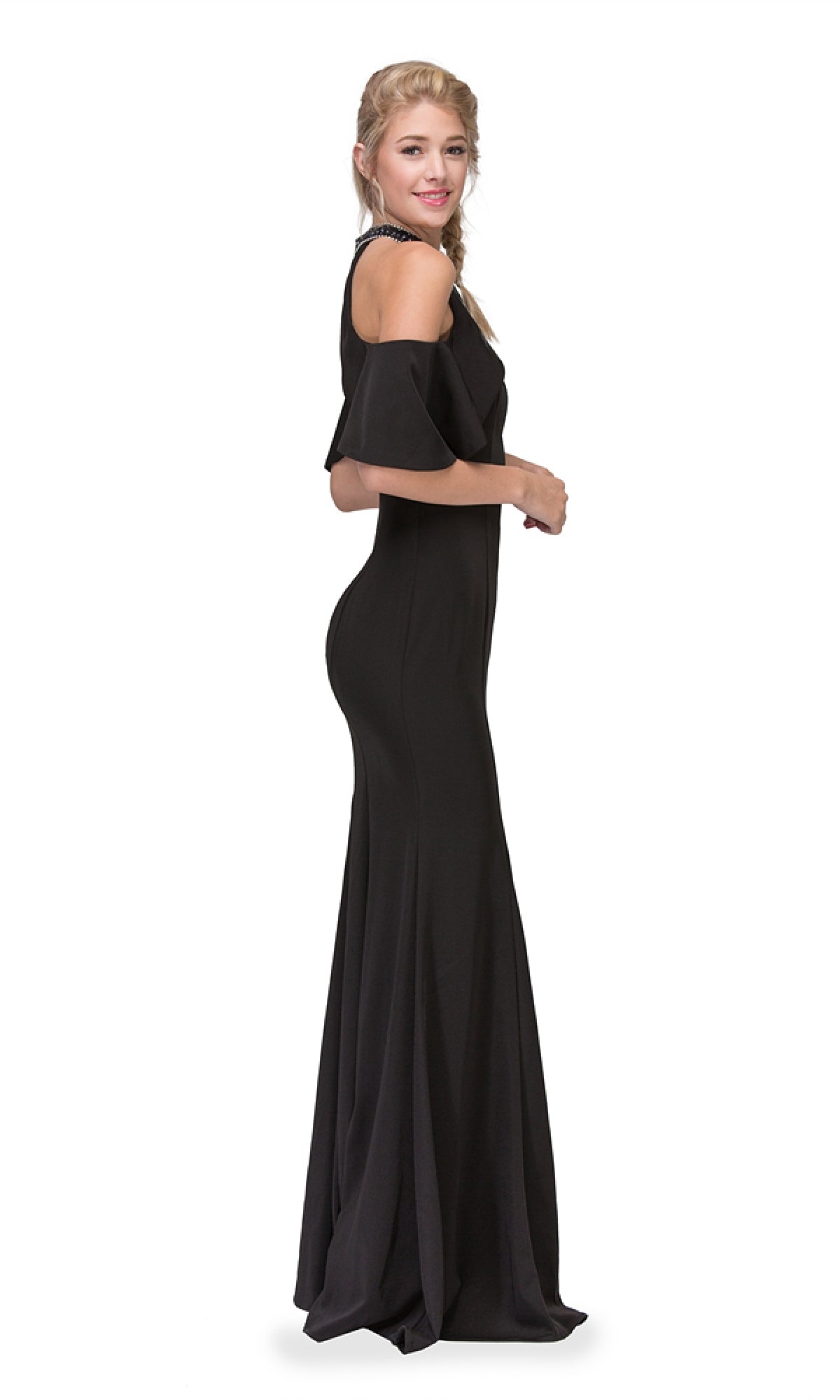 Woman standing in profile against a white background, wearing the Eureka 6110 cold-shoulder long formal dress in black, featuring a high neck, off-the-shoulder sleeves, and an elegantly fitted silhouette.