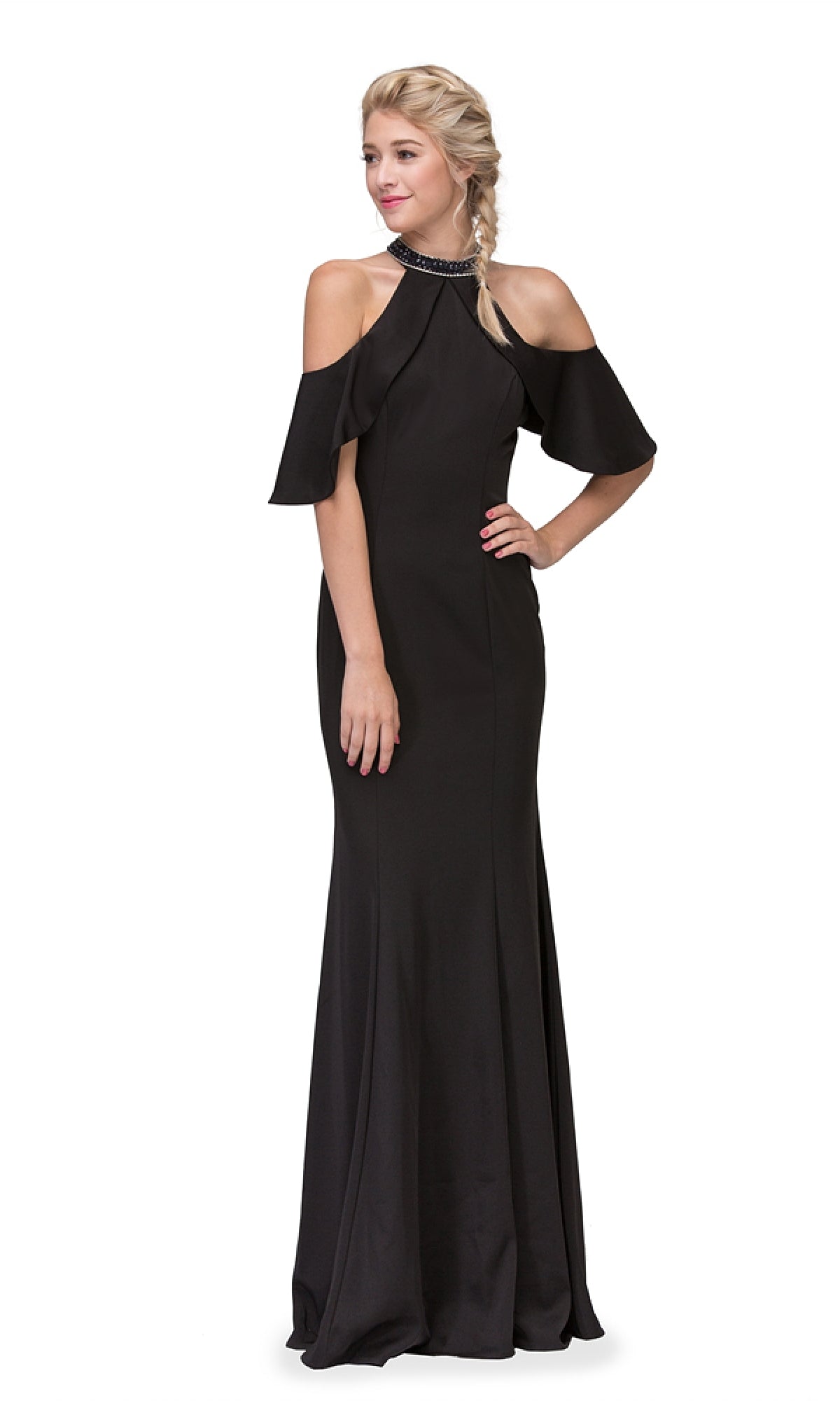 Model wears the Eureka 6110: a long black cold-shoulder formal dress with a high, embellished neckline, standing with one hand on her hip against a white background.