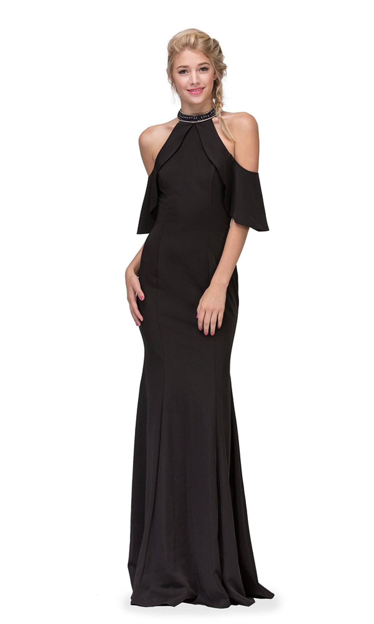 A woman in the Eureka 6110 Cold-Shoulder Long Formal Dress stands against a white background, smiling with one hand on her hip—an elegant black evening gown perfect for any special occasion.