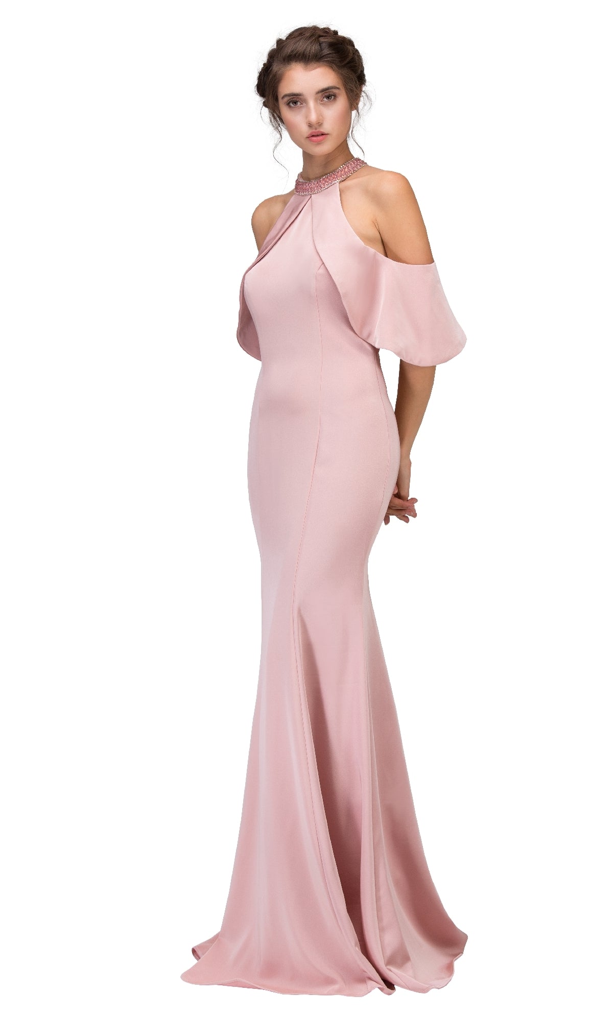 A woman models the Eureka 6110, a floor-length, light pink cold-shoulder long formal dress with a high neckline, standing against a plain white background.
