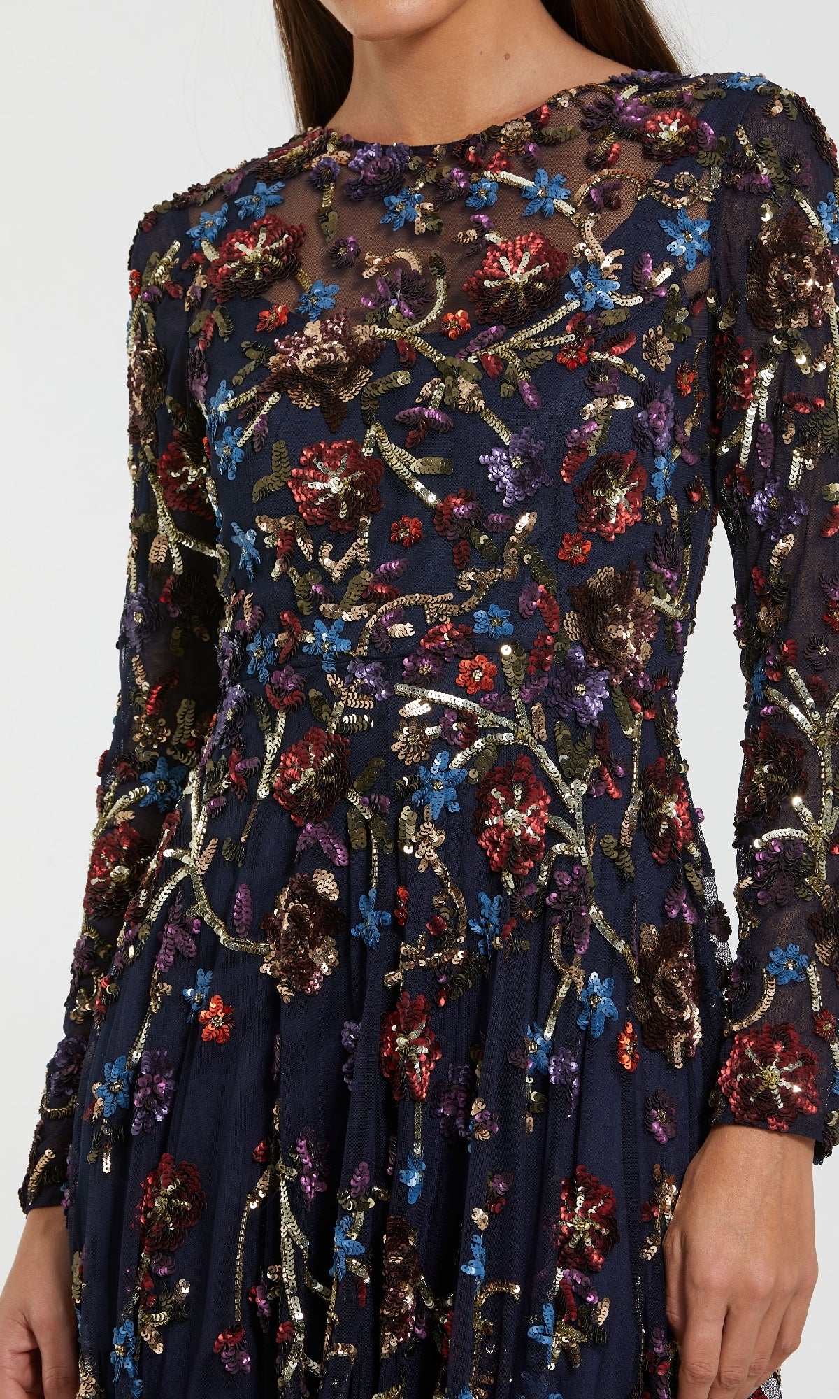 Navy blue dress with colorful floral embroidery on a white background