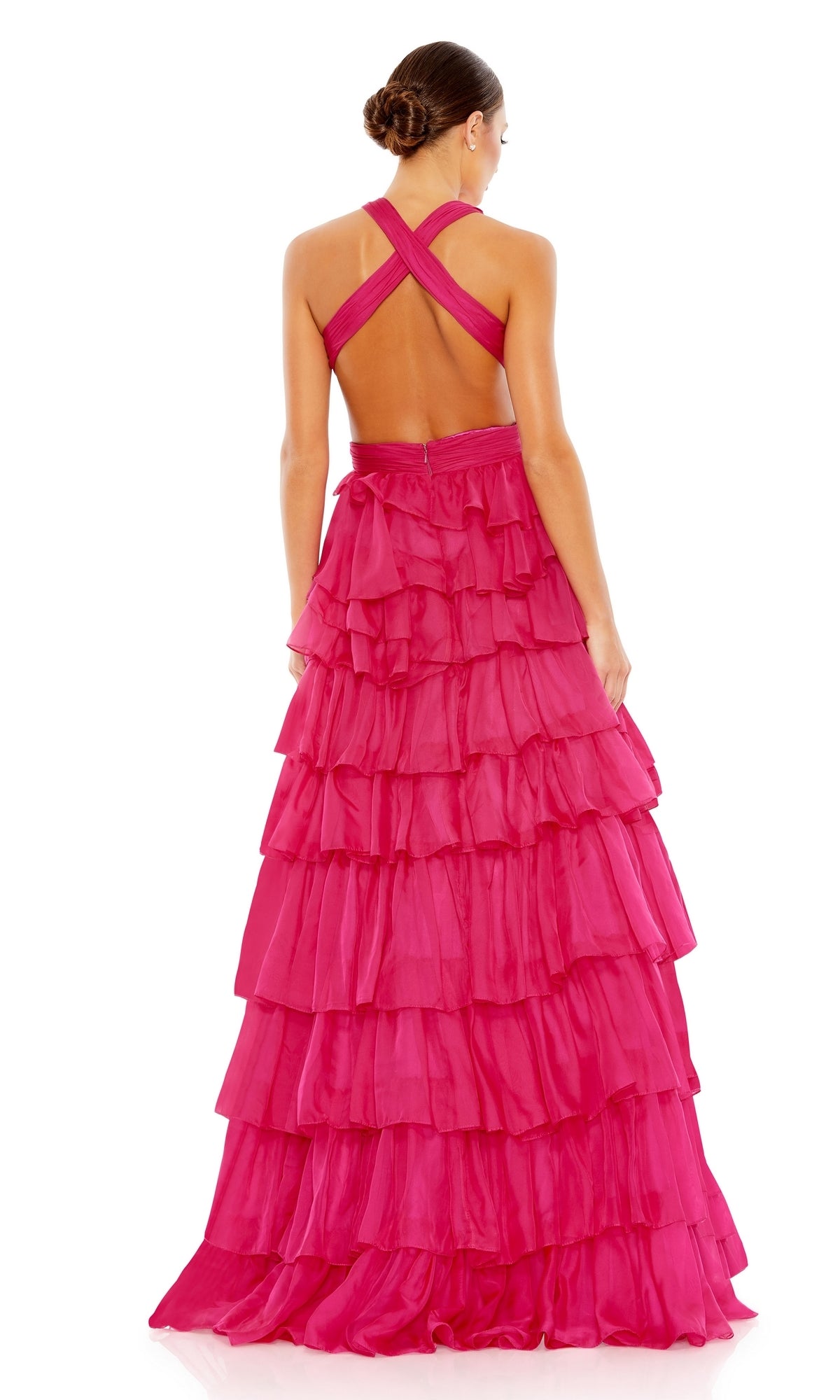 Woman in a bright pink Long Formal Dress 67988 by Mac Duggal, featuring tiered ruffles, an a-line silhouette, crisscross halter neckline, and open back, viewed from behind against a white background.