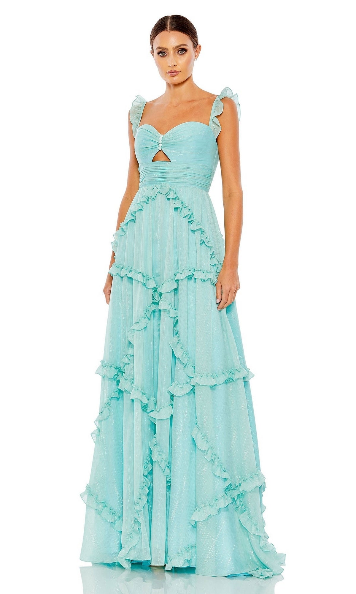 A woman wearing the Long Formal Dress 68093 by Mac Duggal, a light blue, sweetheart A-line dress with ruffle tiers, cap sleeves, and a flowing floor-length skirt, stands against a white background.
