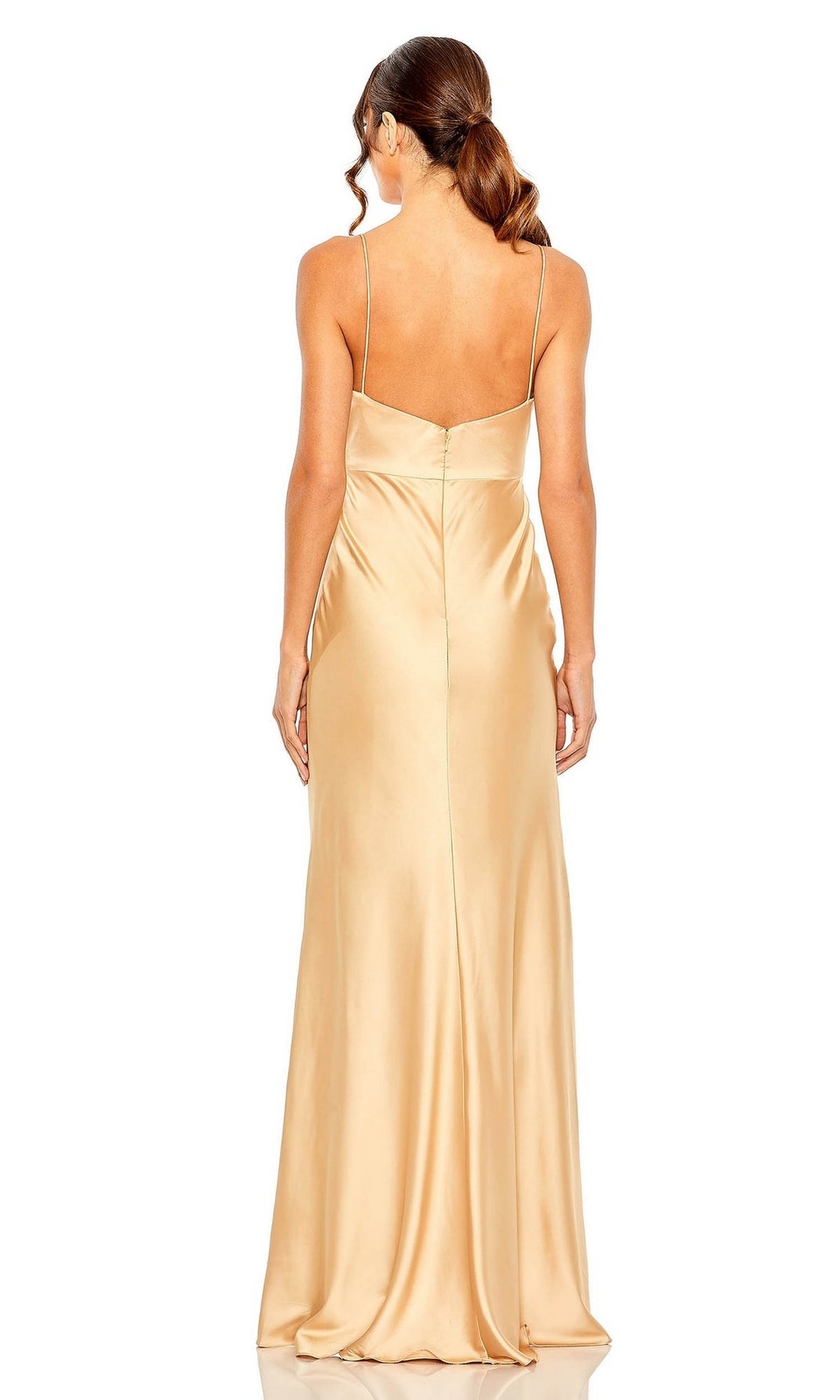 A woman facing away, wearing the Mac Duggal 68347 Cut-Out Long Formal Dress in gold satin, featuring thin spaghetti straps and a fitted twist-front bodice.