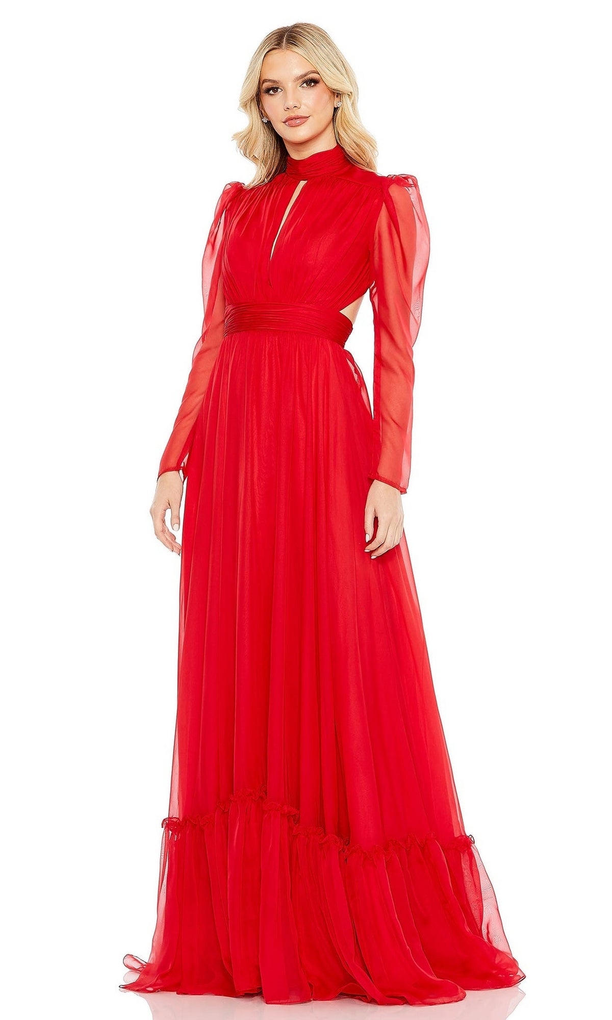 A woman models the Long Formal Dress 68400 by Mac Duggal—a striking red chiffon gown with long sleeves, a gathered waist, and full skirt—standing against a white background.