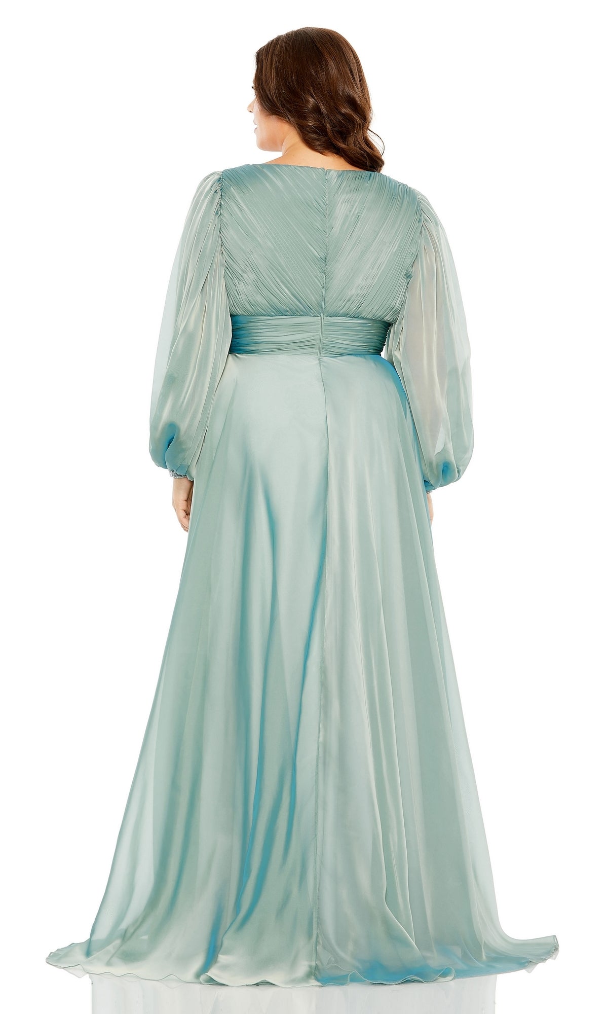 A woman seen from the back wearing the Long Plus-Size Formal Dress 68431 by Mac Duggal, featuring a floor-length light blue design with sheer long sleeves, ruched bodice, and an elegant A-line silhouette.