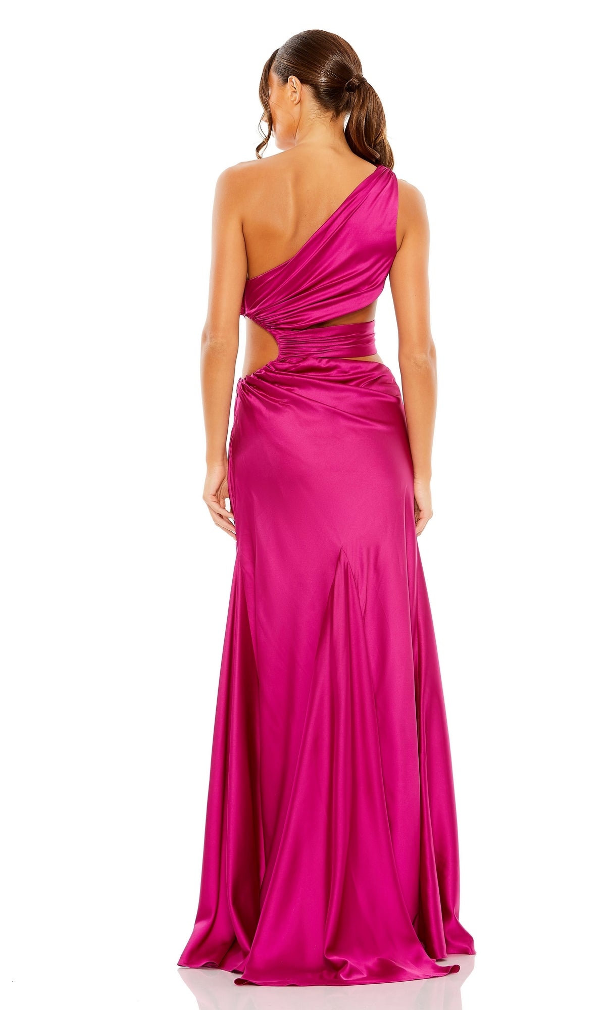 A woman is seen from the back in a shiny magenta Mac Duggal 68485 one-shoulder cut-out formal gown, featuring a flowing skirt.