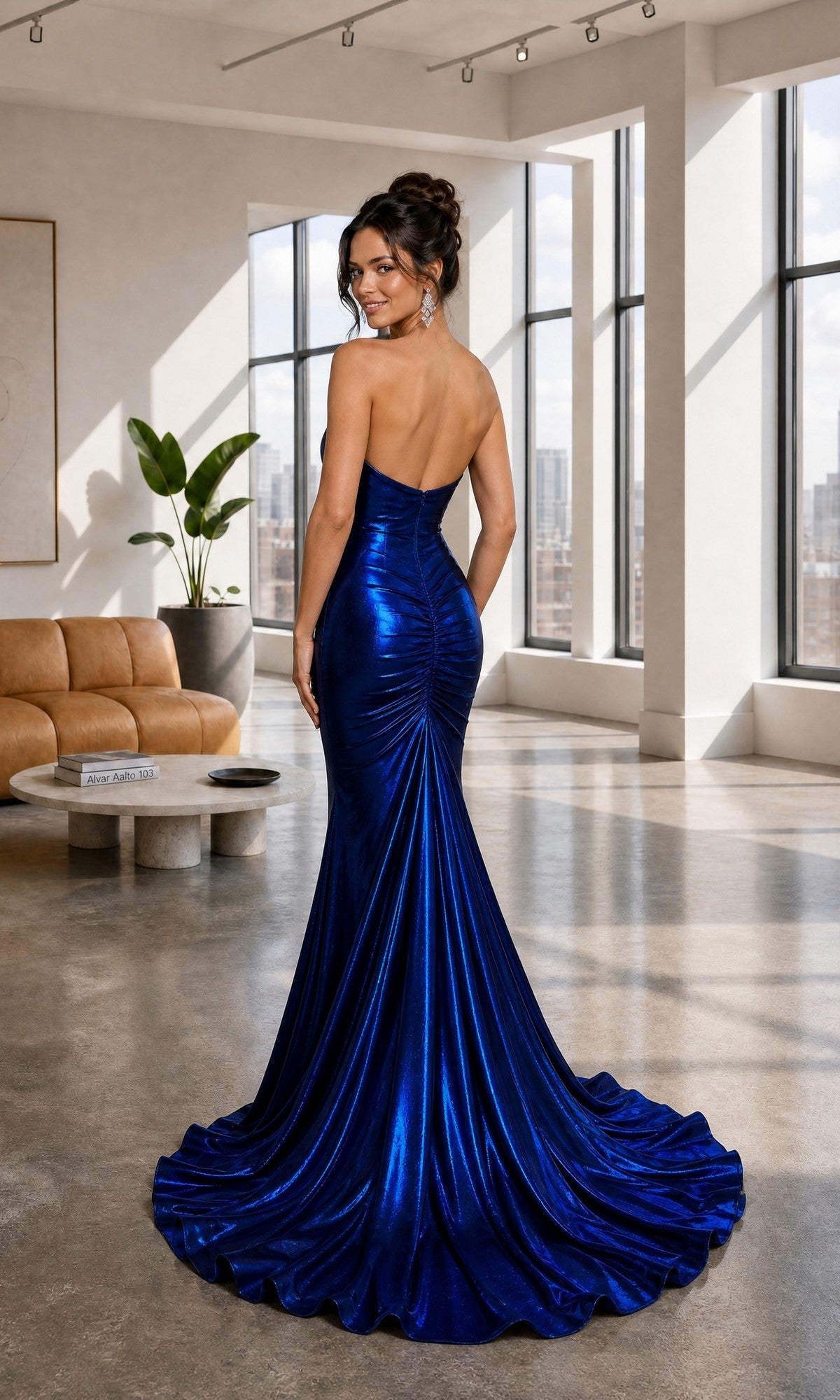 A woman wearing the Long Prom Dress: Atria 6928HF, a shiny, strapless gown, stands in a modern living room with large windows and minimal décor.