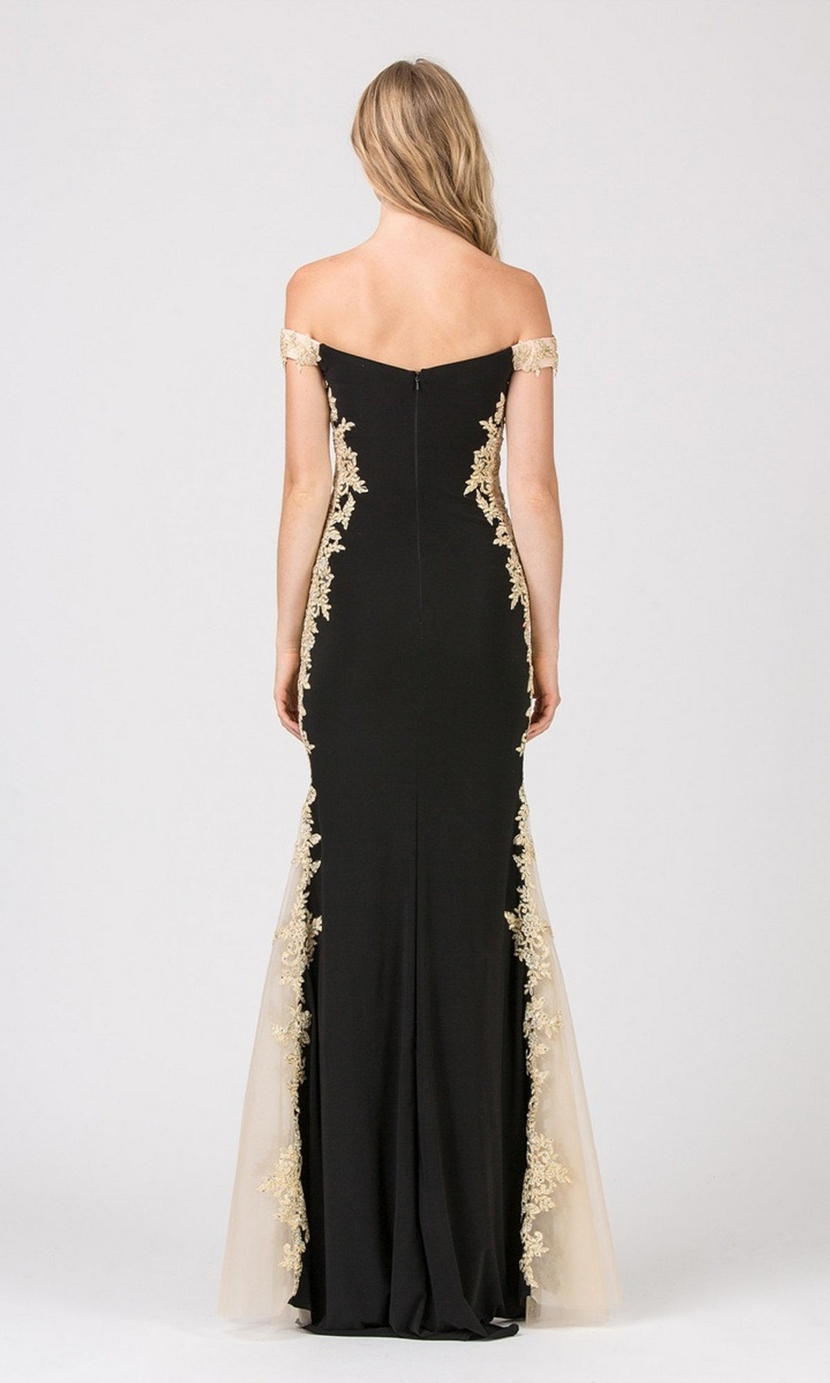 Woman facing away, wearing the Long Formal Dress: Eureka 7006—an off-shoulder black mermaid gown with beige metallic lace appliques and a floor-length fitted silhouette.