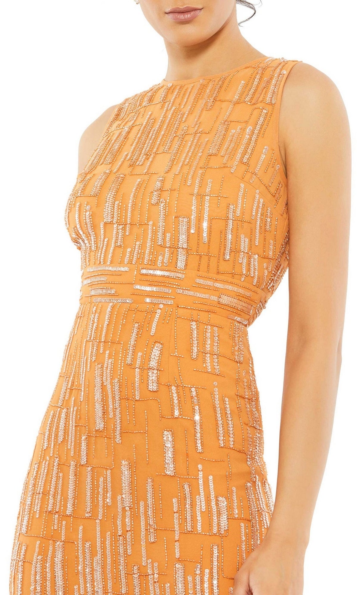 A woman wears the Mac Duggal 70264 Beaded Midi Wedding Guest Dress, a sleeveless orange cocktail dress with a geometric silver sequin pattern, shown from shoulders to mid-thigh.