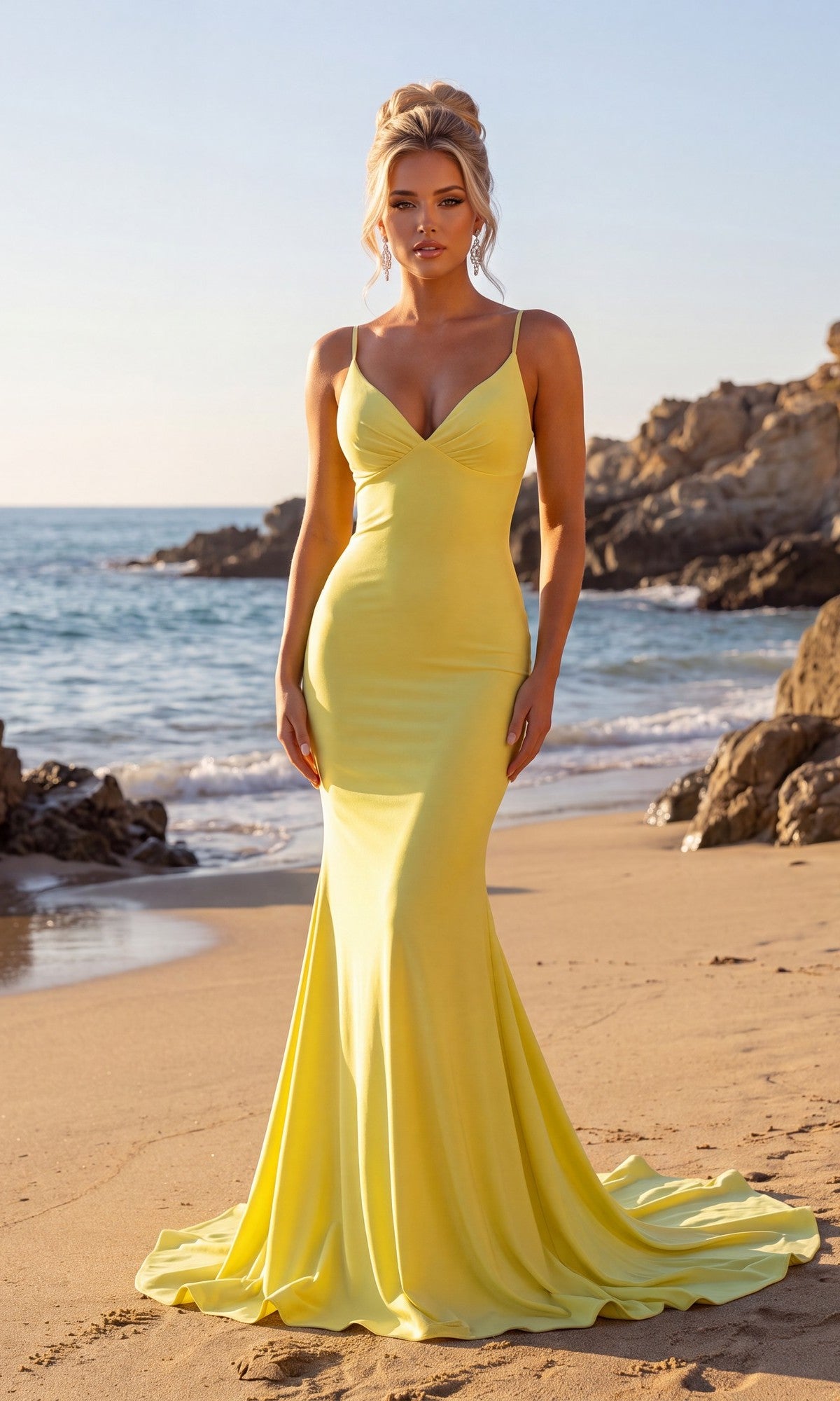 A woman in the Atria 7084H long prom dress in soft yellow, featuring a fitted silhouette and an elegant open back, stands on a sandy beach framed by rocky cliffs and the ocean in daylight.