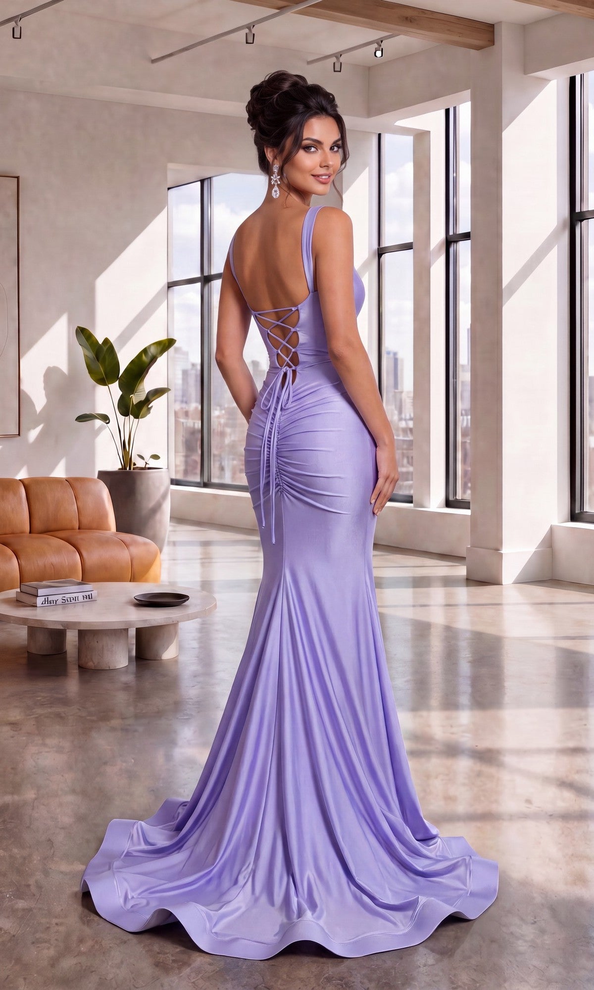 A woman wearing the Long Prom Dress: Atria 7090H in lavender, featuring a floor-length silhouette and lace-up back, stands in a modern room with large windows and city views.