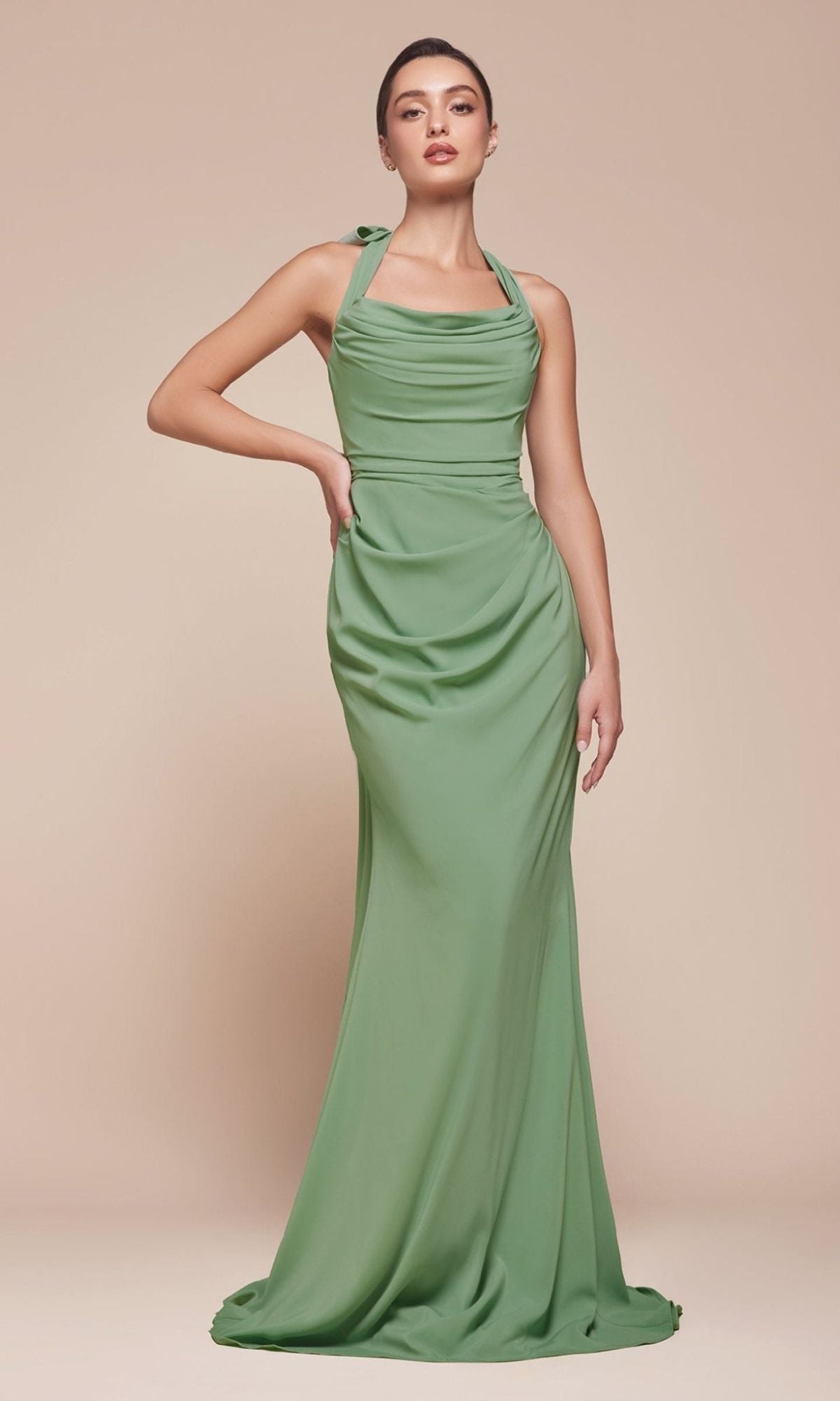 A woman poses against a plain beige background wearing the Ladivine 7433 Multi-Way Long Chiffon Prom Dress in light green with a halter neckline.