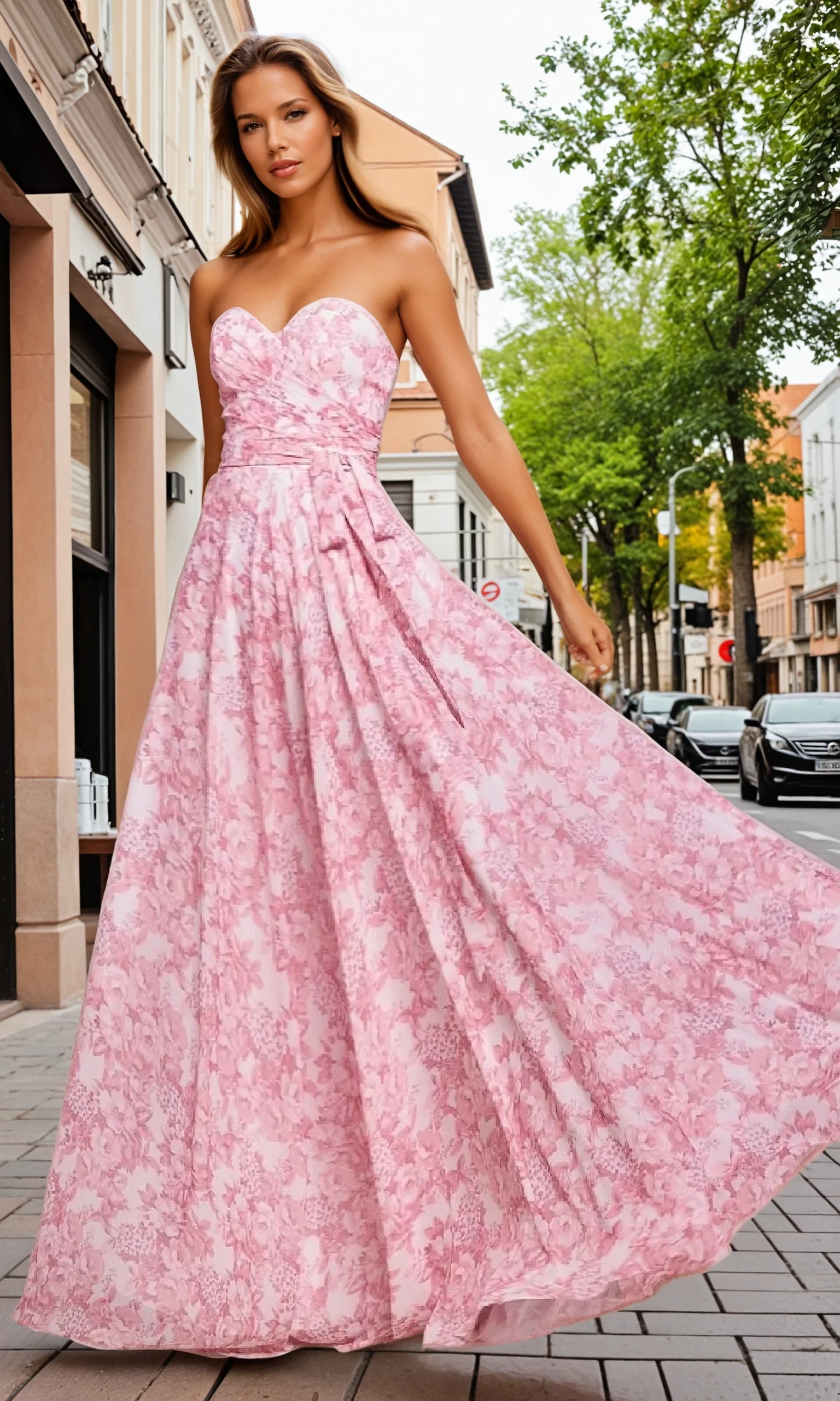 A woman stands on a city sidewalk in the CL7443 Strapless Long Print Prom Dress, a sweetheart-neckline formal gown with pink floral print, framed by trees and buildings in the background.