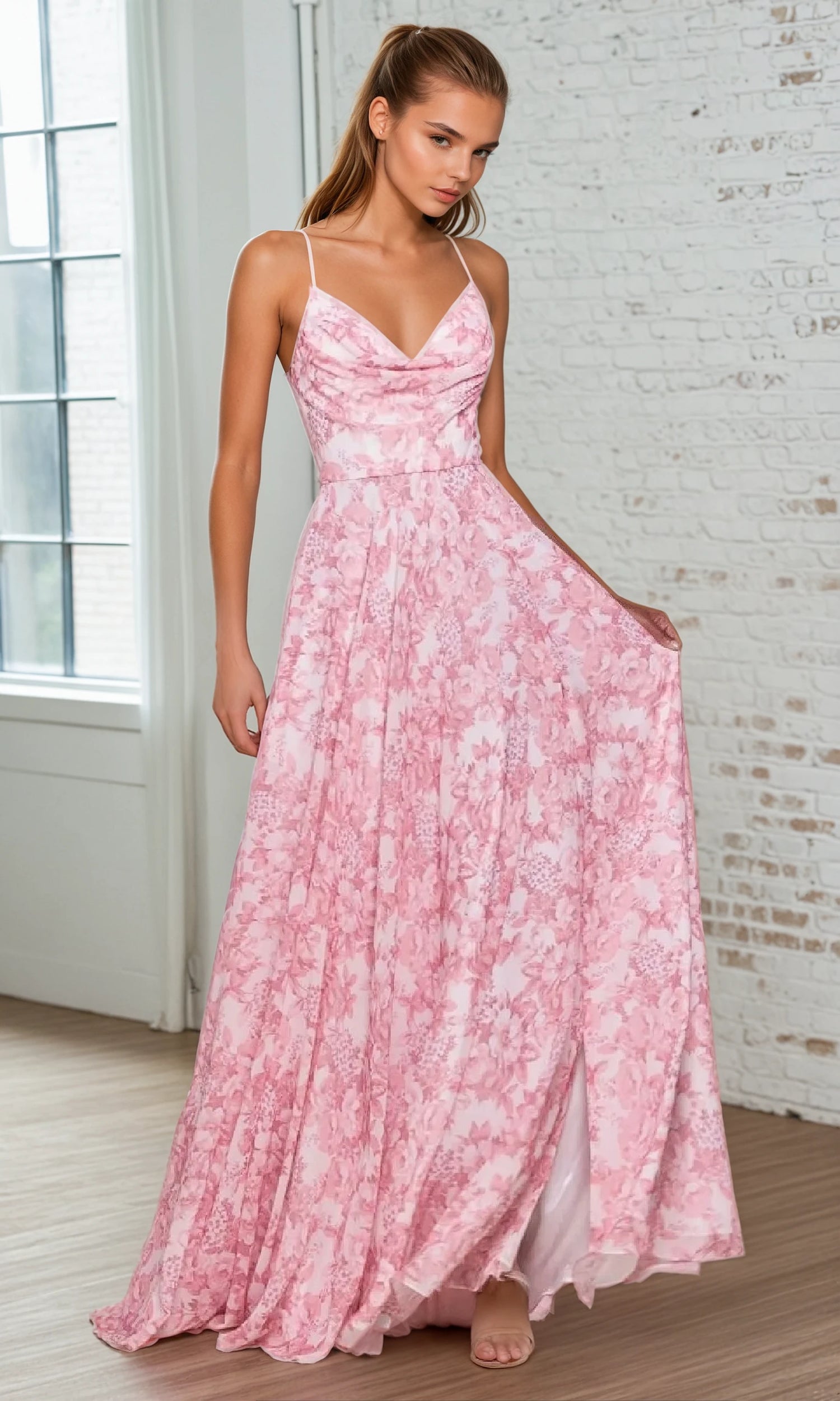A woman in the Floral-Print Long A-Line Prom Dress: Ladivine 7444 stands indoors, holding out one side of the flowy pink skirt to show its floral pattern and thin straps.
