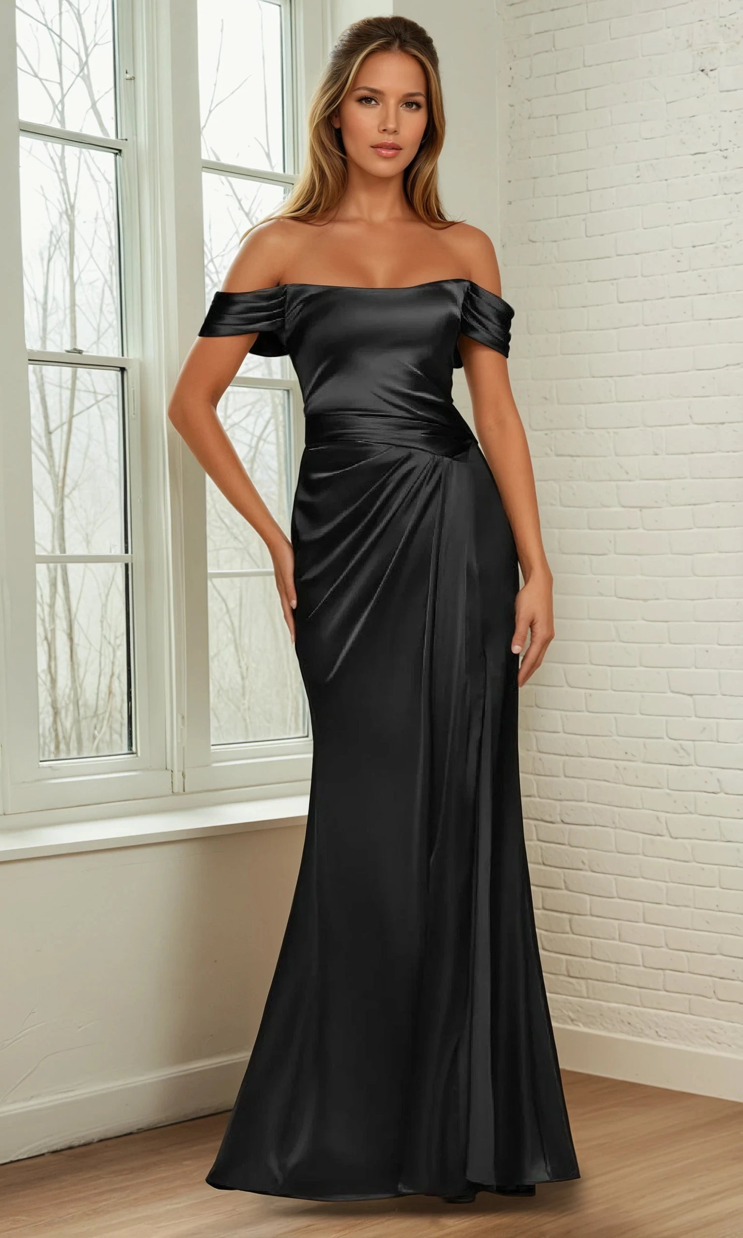 A woman stands by a window and white brick wall, elegantly showcasing her silhouette in the Lace-Up Off-Shoulder Prom Dress: Ladivine 7452, a stylish and affordable black satin formal gown.