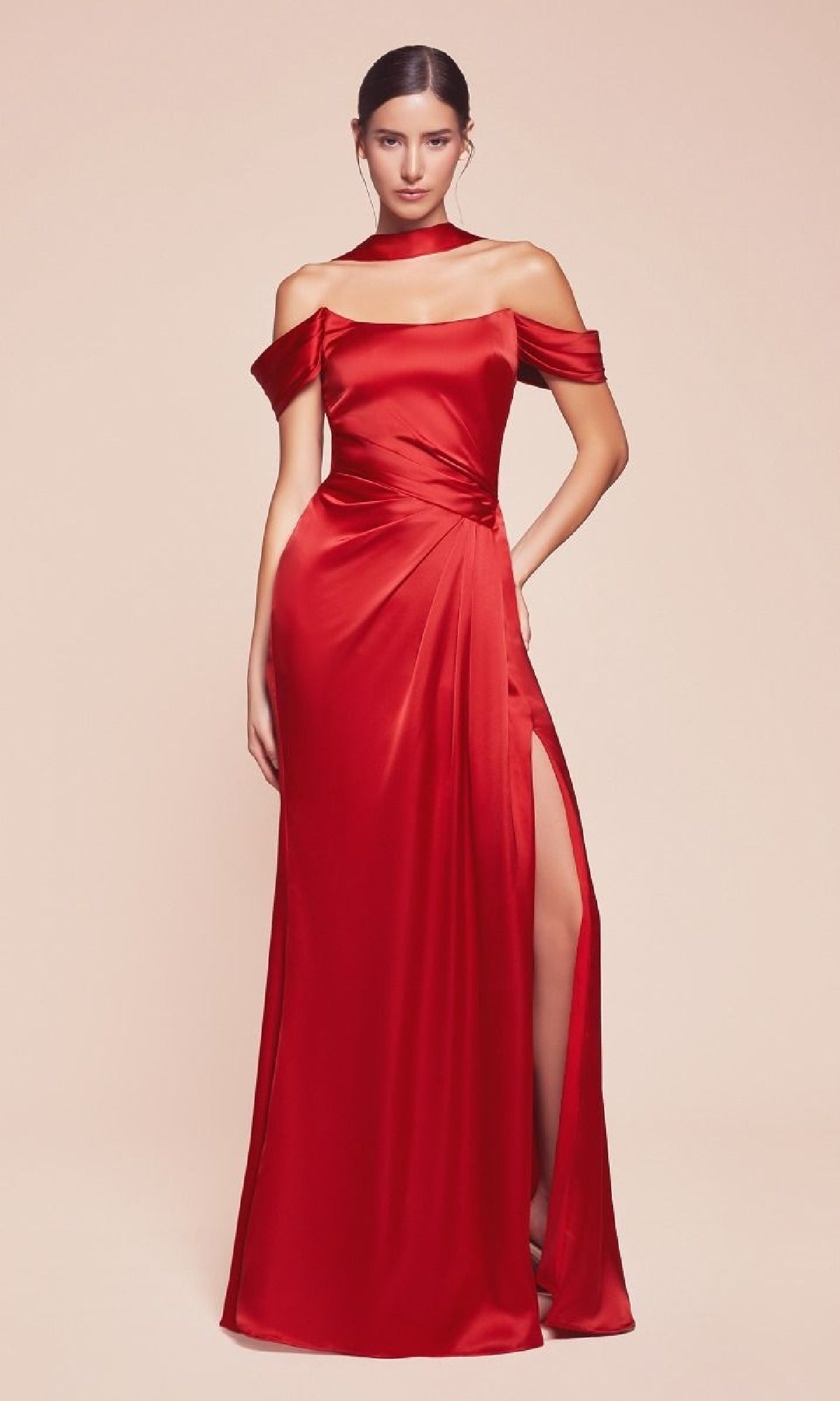 A woman models the Lace-Up Off-Shoulder Prom Dress: Ladivine 7452—floor-length red satin with a thigh-high slit and matching choker, set against a plain background—a stunning and affordable evening gown option.