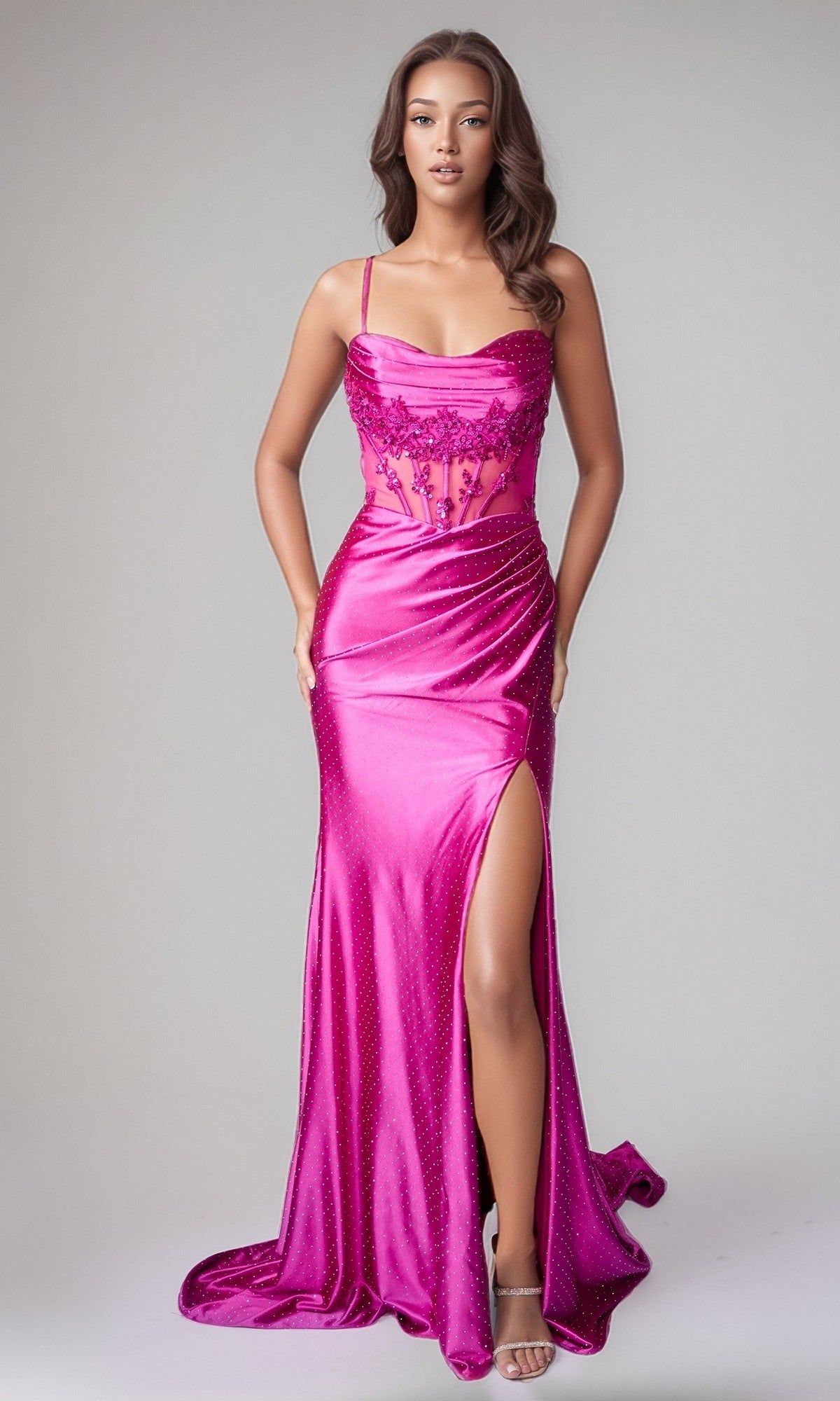 A woman wears the magenta Long Formal Dress: Nina Canacci 7650, featuring a floor-length silhouette, thigh-high slit, thin straps, and embroidered bodice—perfect for special occasions and photographed against a plain background.