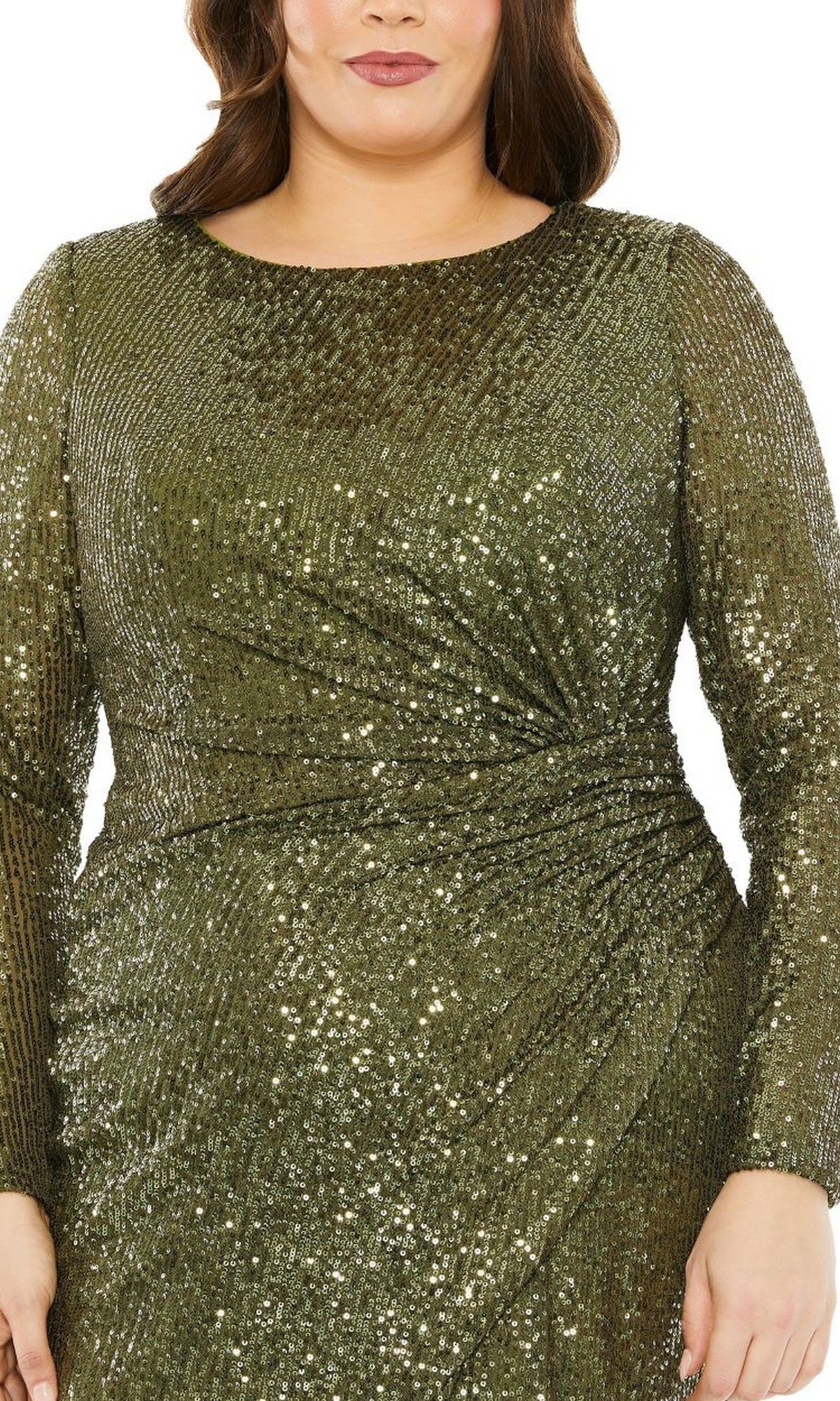 A person wearing the Knee-Length Plus-Size Sequin Party Dress 777025 in olive green, featuring long sleeves and a gathered waist.