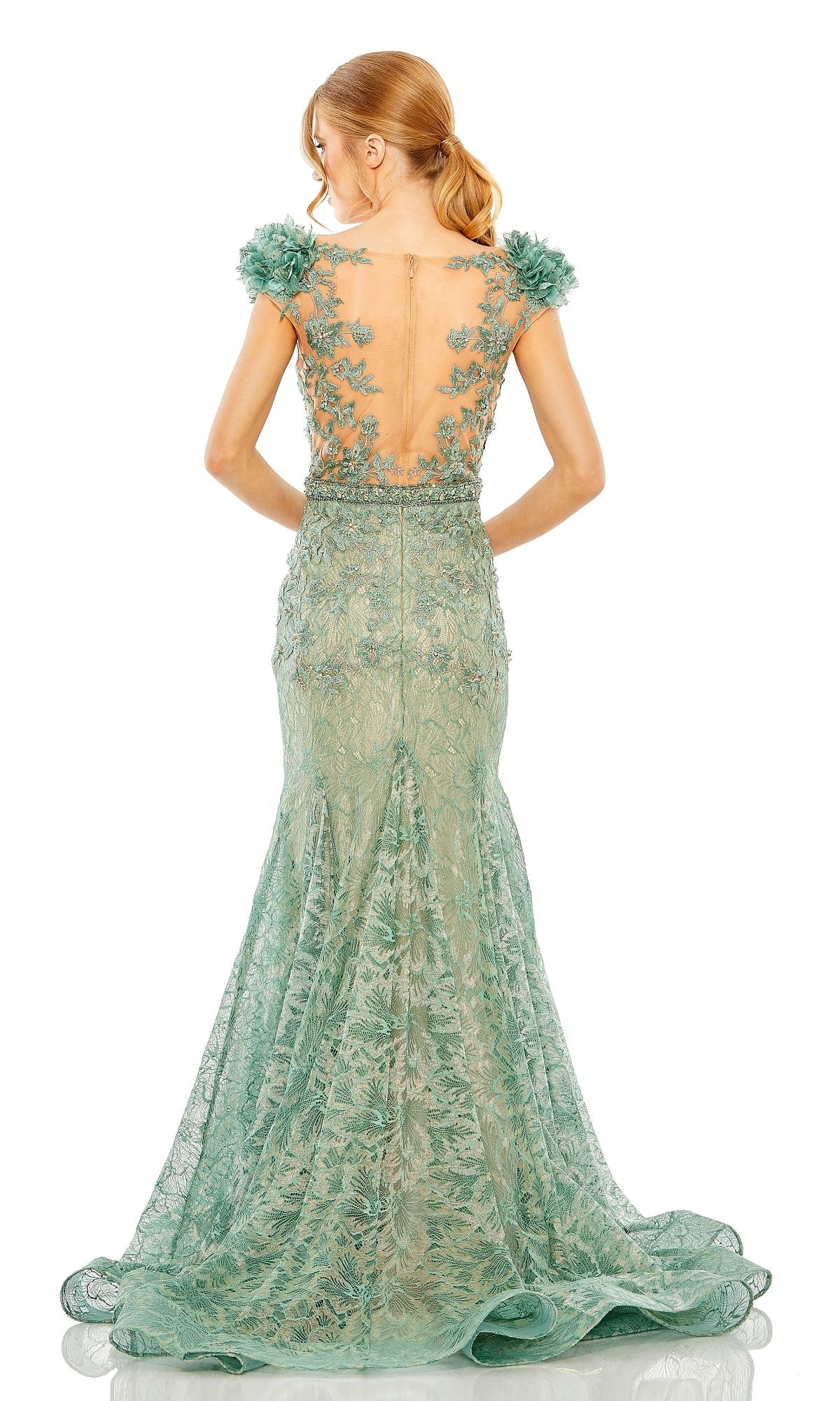 Woman wearing the Mac Duggal 79368 Cap-Sleeve Long Formal Dress—fitted, green lace with floral details, sheer back panel, and her hair in a low ponytail.