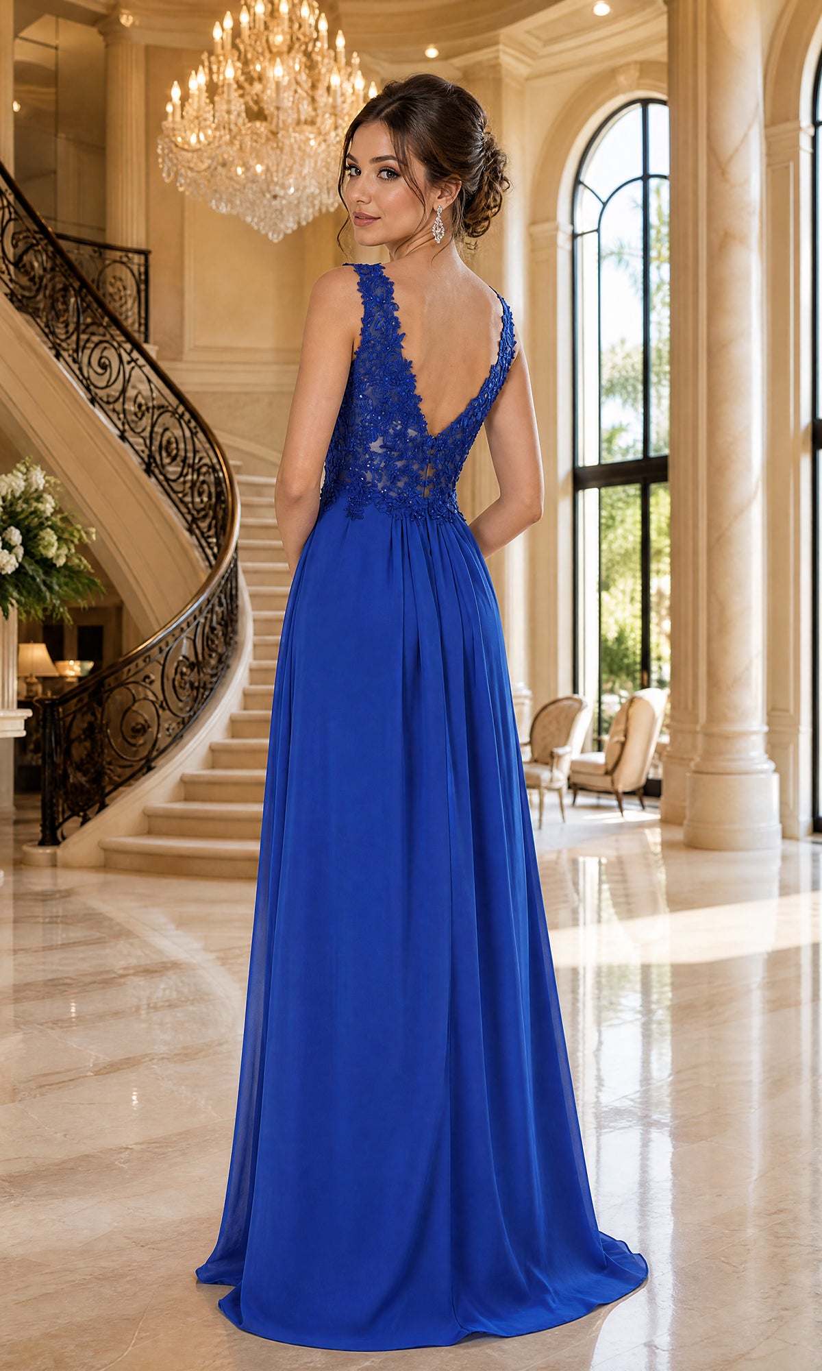 A woman wears the Sleeveless V-Neck Chiffon Long Prom Dress 8012 in blue, featuring lace details, as she stands in a grand room with marble floors, arched windows, and a sweeping staircase.