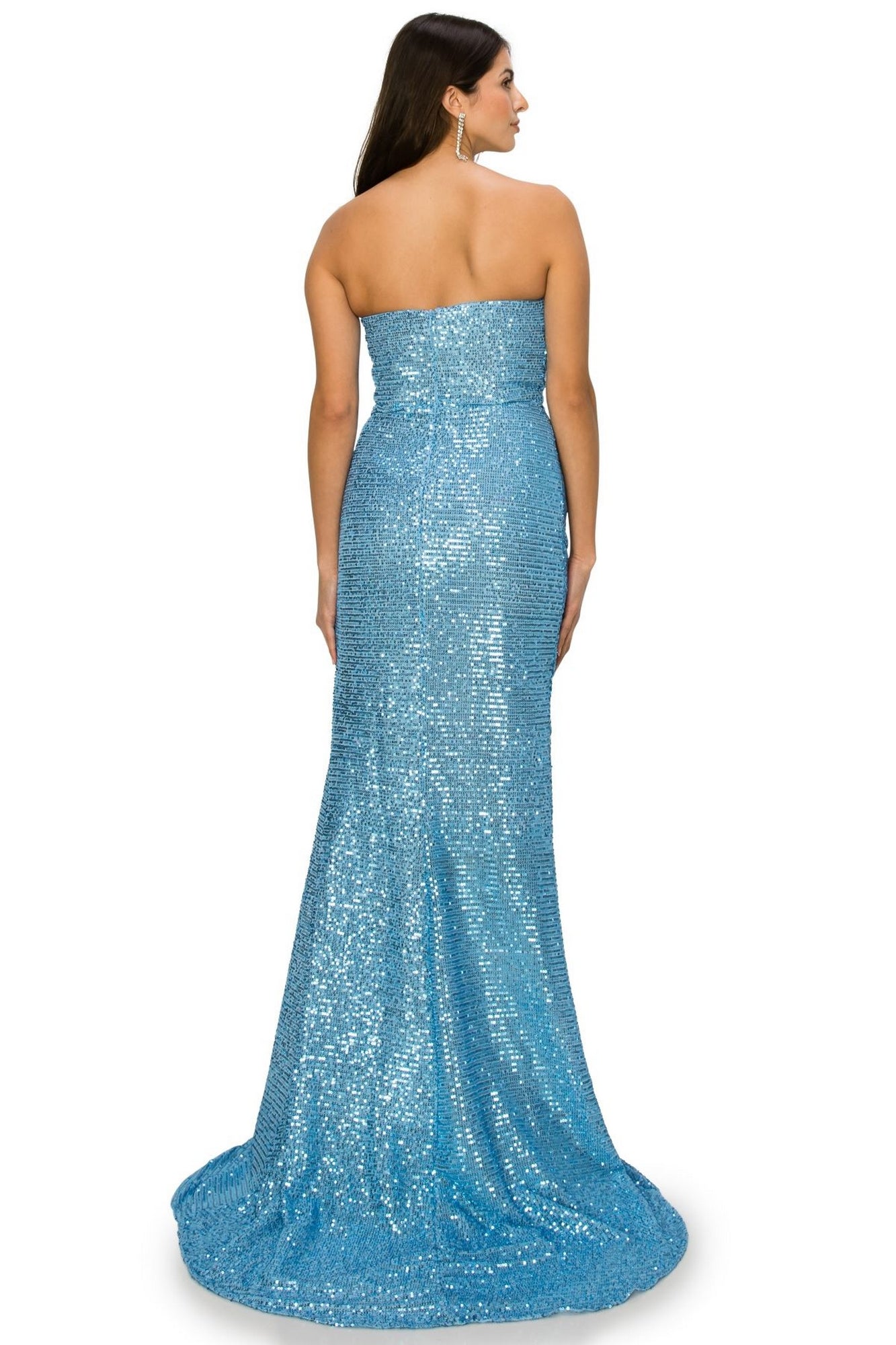 A woman wears the Allover-Sequin Long Strapless Prom Dress 8052J, a floor-length, light blue gown with a slight train, shown from the back.