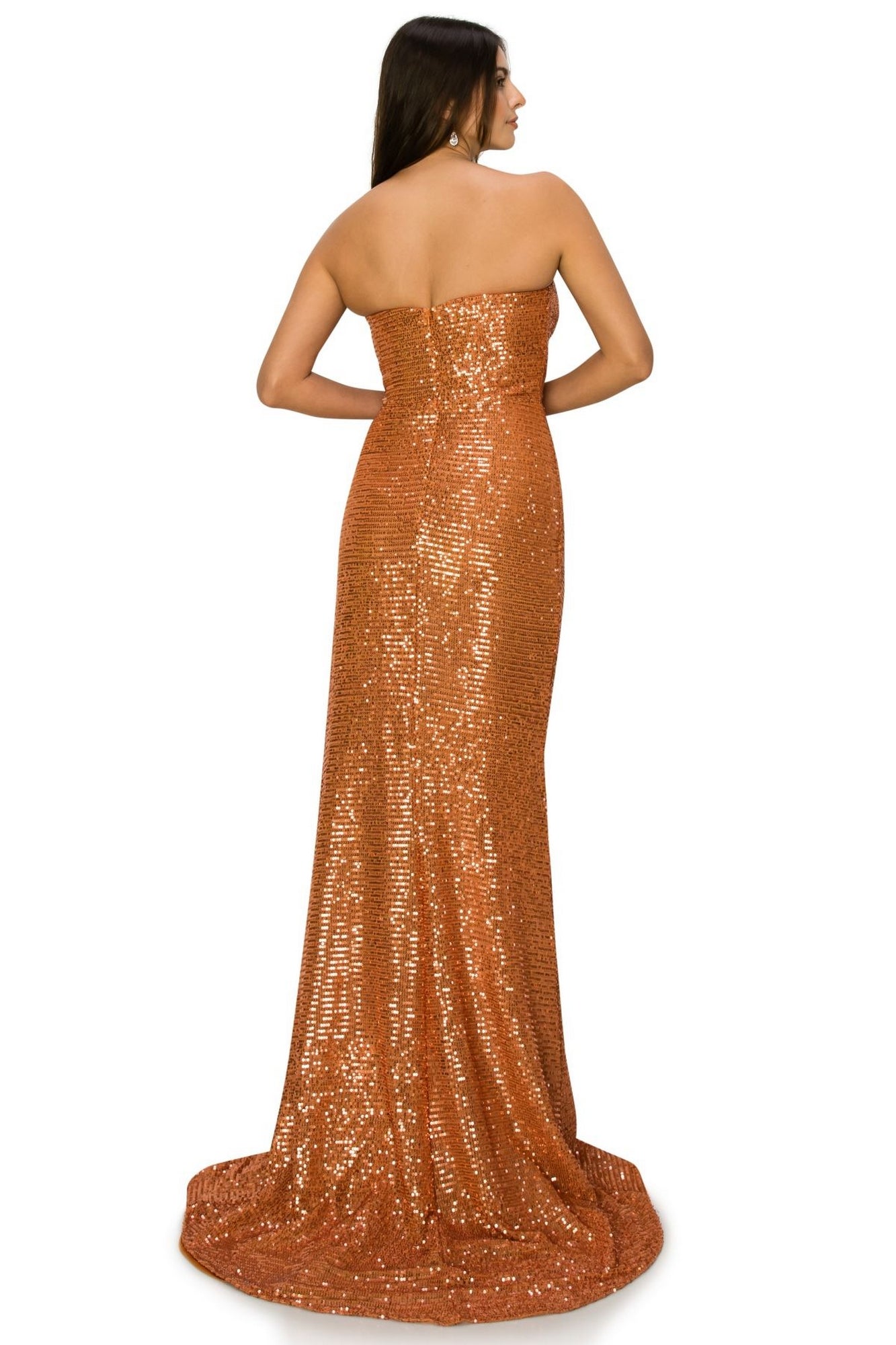 Woman in the Allover-Sequin Long Strapless Prom Dress 8052J—an orange, floor-length gown with a slight train—shown elegantly from the back.