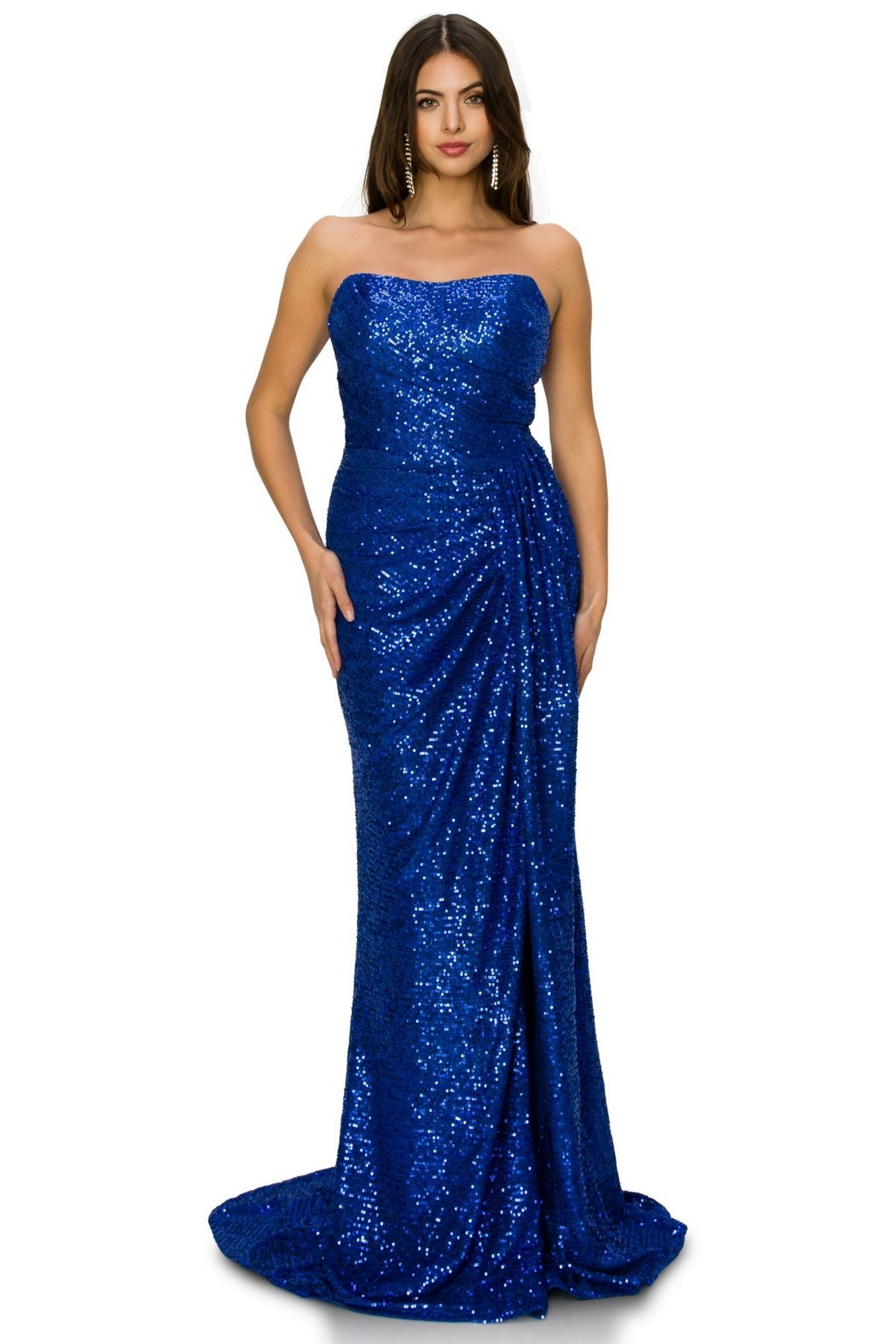 The Allover-Sequin Long Strapless Prom Dress 8052J features a royal blue, floor-length design with a fitted bodice and slight waist draping—perfect for making a dazzling statement at any special occasion.