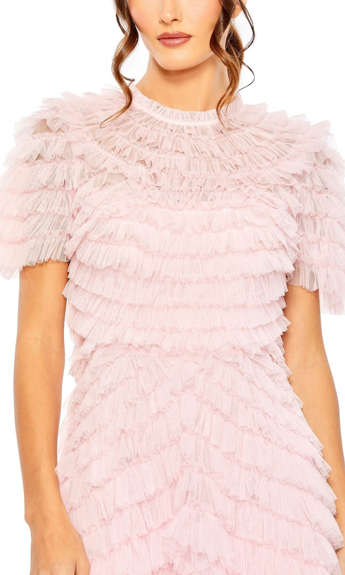 A woman wearing the Mac Duggal Midi Wedding Guest Dress 8055 in light pink, featuring layered ruffles and short sleeves, shown from shoulders to mid-thigh.