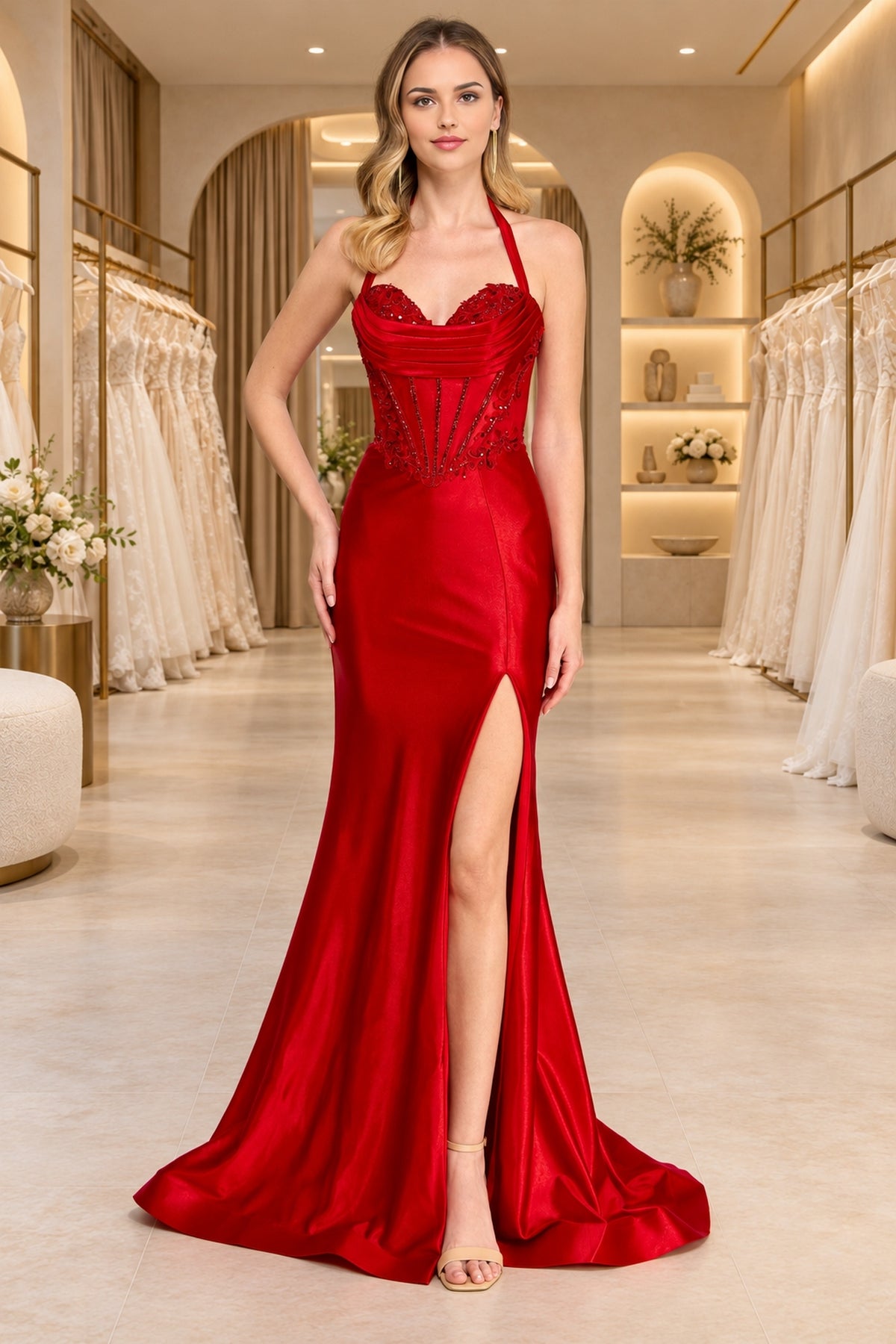 Amelia Couture 8096 long prom dress in red satin, featuring a floor-length silhouette, a sweetheart neckline, and a high side slit.