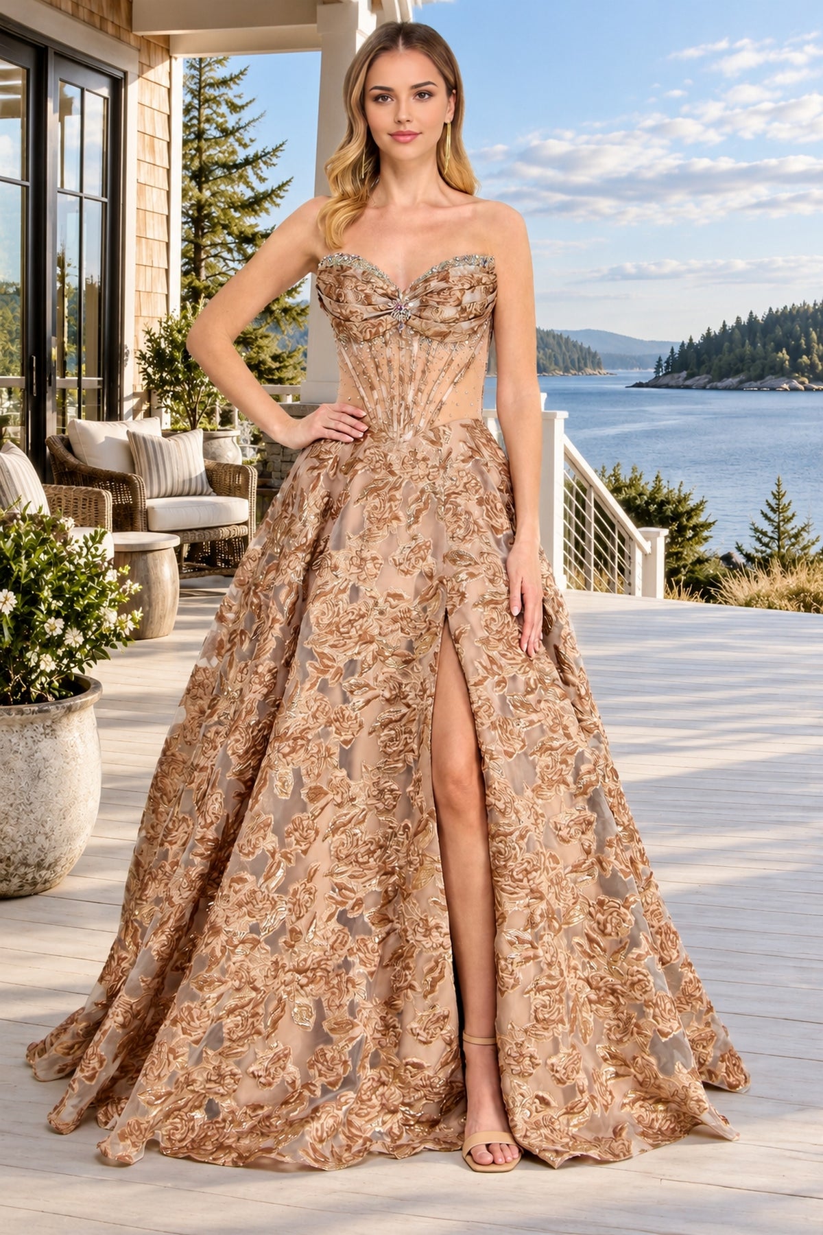 A woman wears an Amelia Couture 8098 strapless, gold, floral jacquard prom dress with a corset bodice, floor-length hem, and a high leg slit.