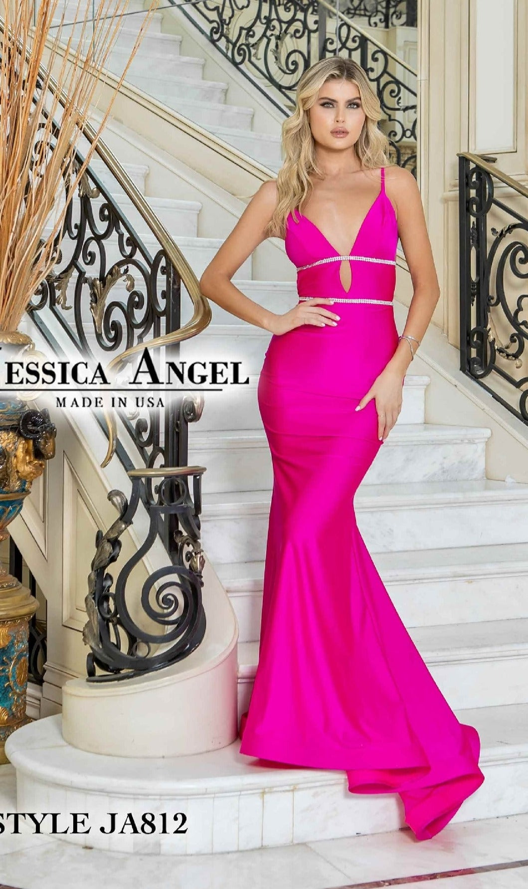 A woman in a bright pink Cut-Out Tight Long Prom Dress: Jessica Angel 812 stands on a marble staircase with ornate railing. Text reads