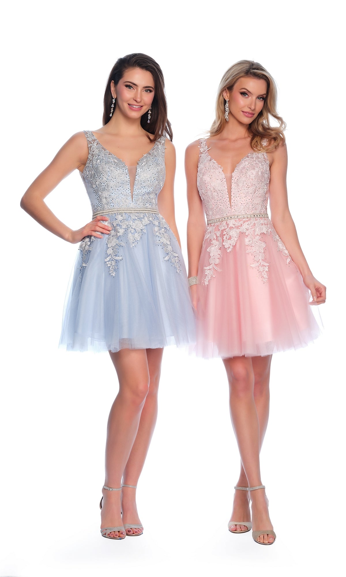Two women stand side by side in the A-Line Short Homecoming Dress H341—one in light blue, the other in light pink. Both dresses feature lace detailing, a beaded bodice, and are styled with high heels and loose hair for an elegant look.