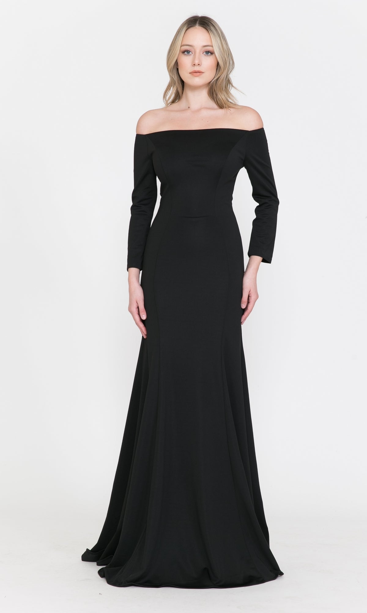 A woman faces forward in the Off-the-Shoulder Long-Sleeve Formal Prom Dress 8378, a black gown with elegant long sleeves, set against a plain white background.