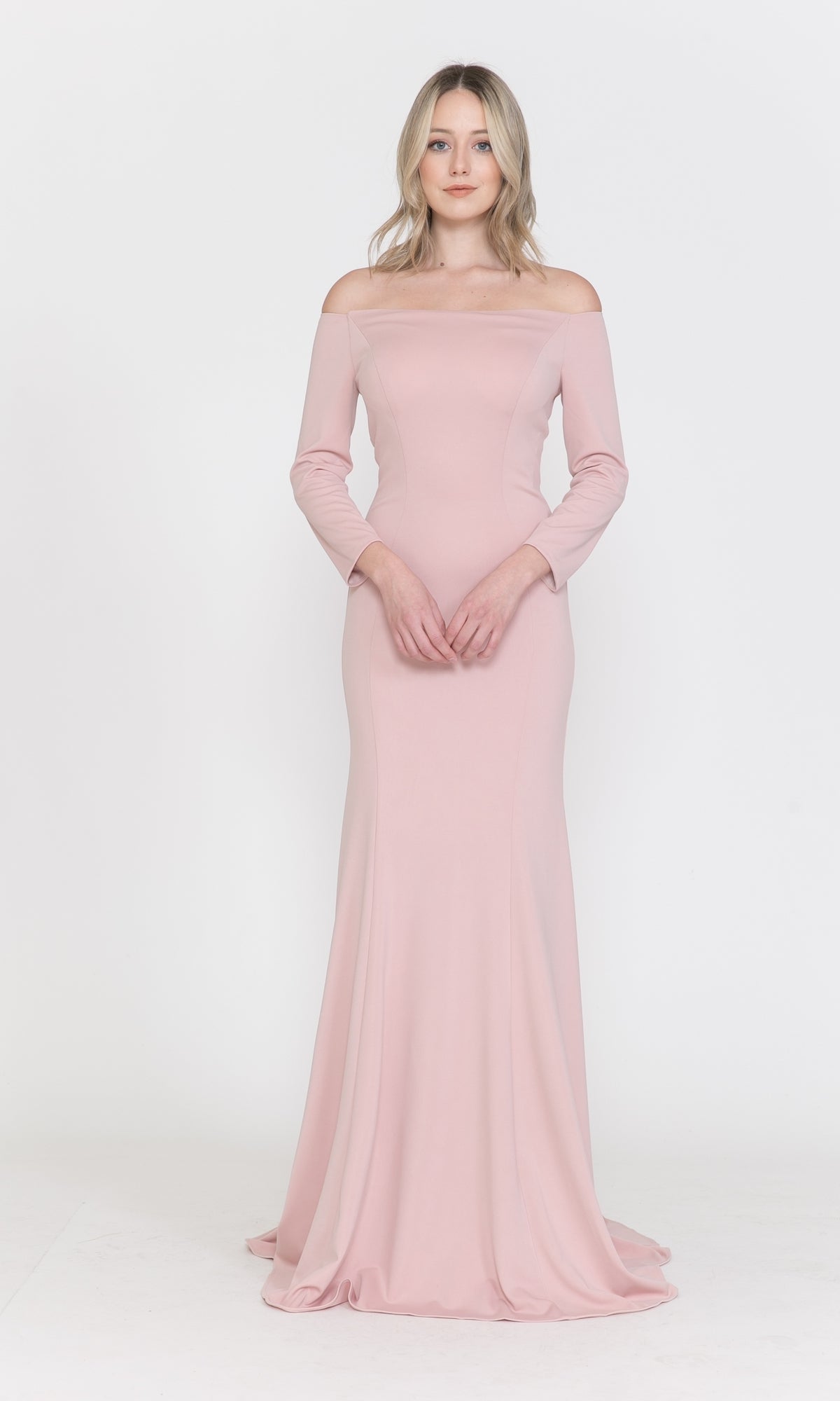 A woman faces forward in the Off-the-Shoulder Long-Sleeve Formal Prom Dress 8378, shown in Dusty Rose, set against a plain white background.