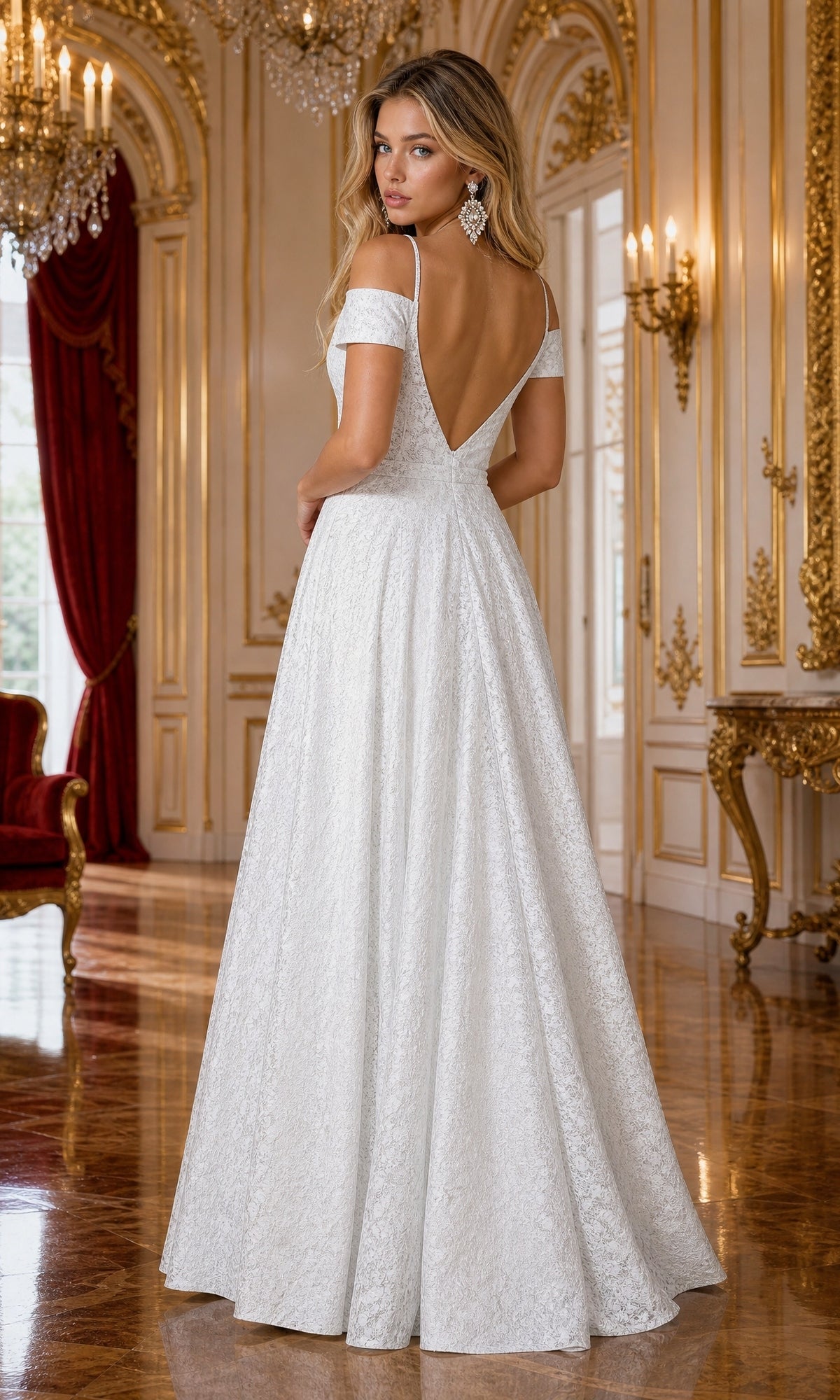 A woman wears the Cold-Shoulder Silver and White Long Prom Gown 8380, featuring a white A-line silhouette with off-the-shoulder details and a deep V-back, as she stands in an ornate, gold-decorated room adorned with chandeliers and red curtains.
