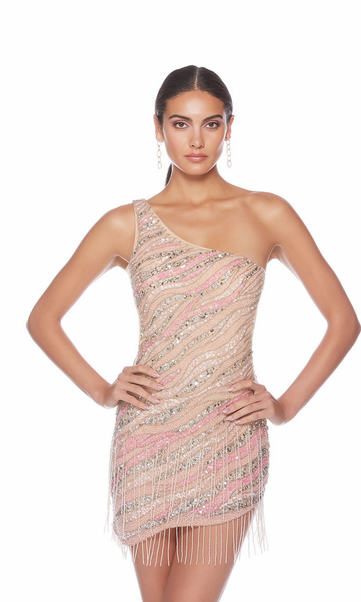 A woman stands with hands on hips in the Alyce One-Shoulder Short Beaded Hoco Dress 84011, featuring pink and silver sequins, a fitted silhouette, sparkly fringe hem, and one-shoulder design against a white background.