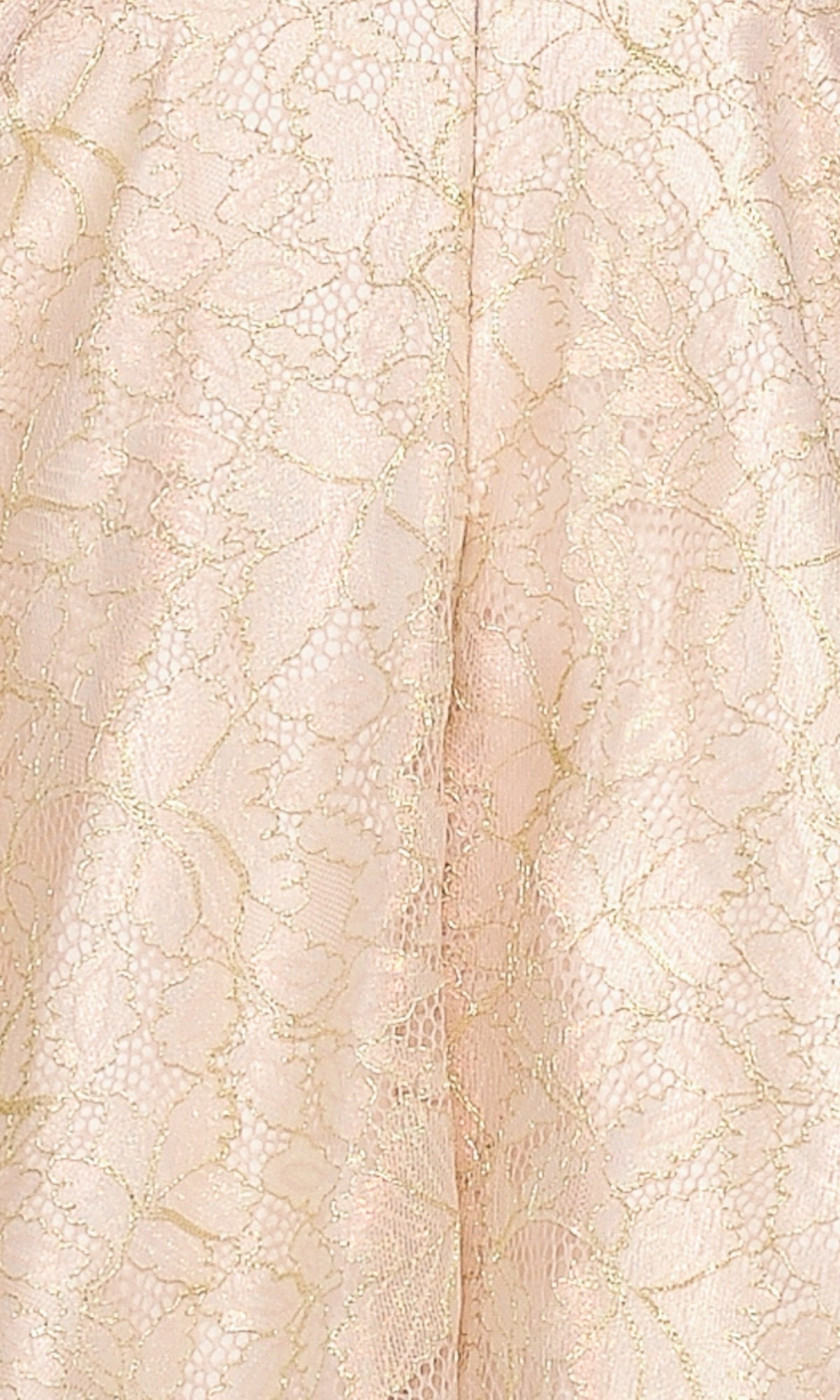 Close-up of light pink fabric with delicate gold floral lace overlay—ideal for the Glitter-Mesh Short A-Line Homecoming Dress 8506 or any elegant homecoming look.
