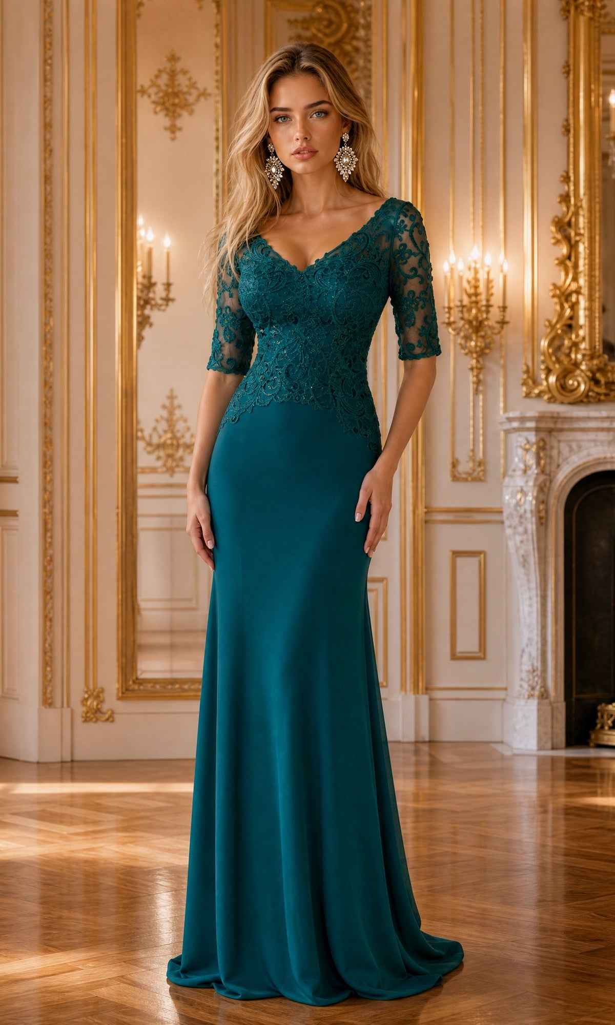 A woman wearing the Embroidered Sheer-Sleeved Formal Prom Dress 8560 in emerald, featuring a lace bodice and half sleeves, stands in an ornate room adorned with gold accents and chandeliers.