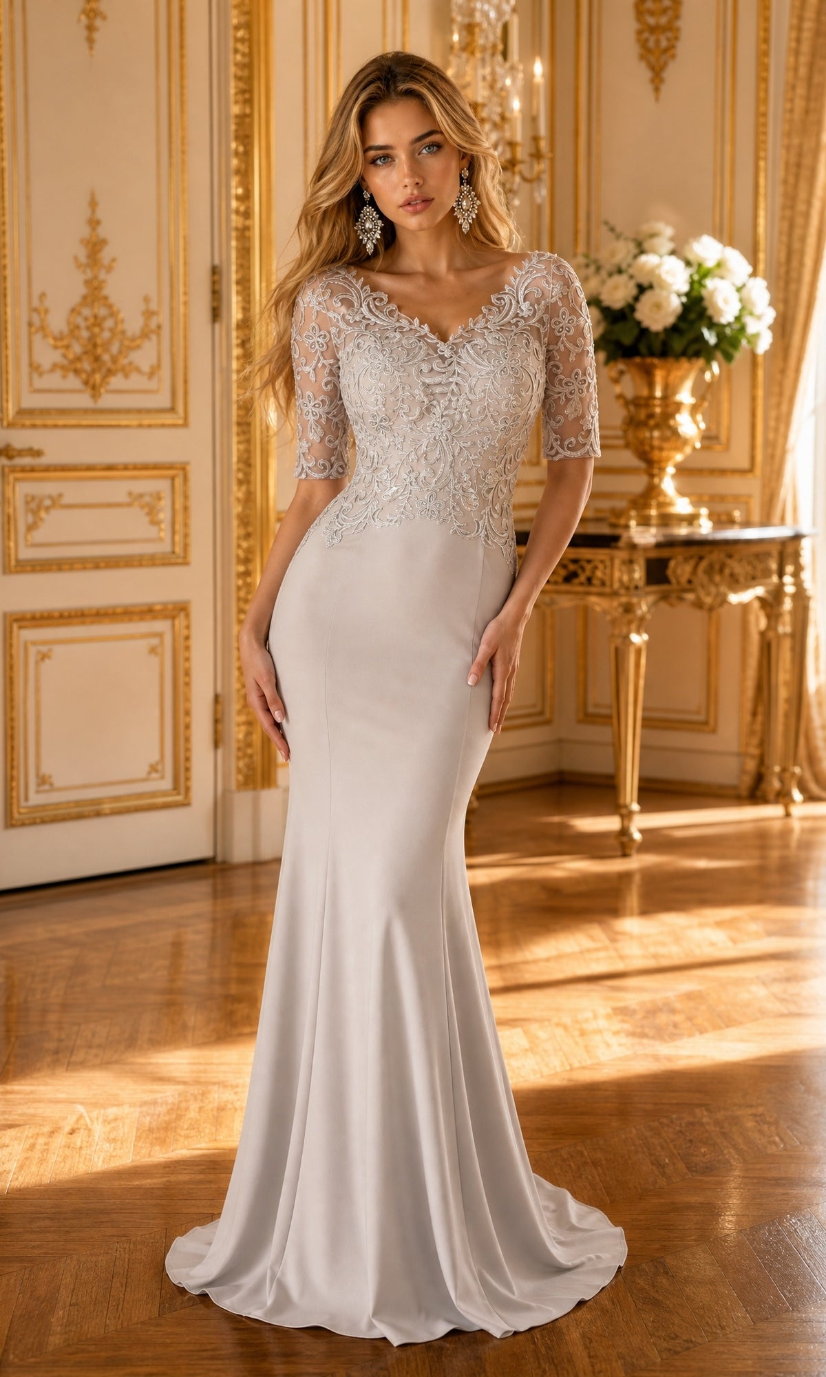 A woman wearing the Embroidered Sheer-Sleeved Formal Prom Dress 8560 in mocha, featuring a floor-length silhouette, lace bodice, v-neckline, and sheer half sleeves, stands in an ornate gold-trimmed room with wooden floors and a floral arrangement on a table.