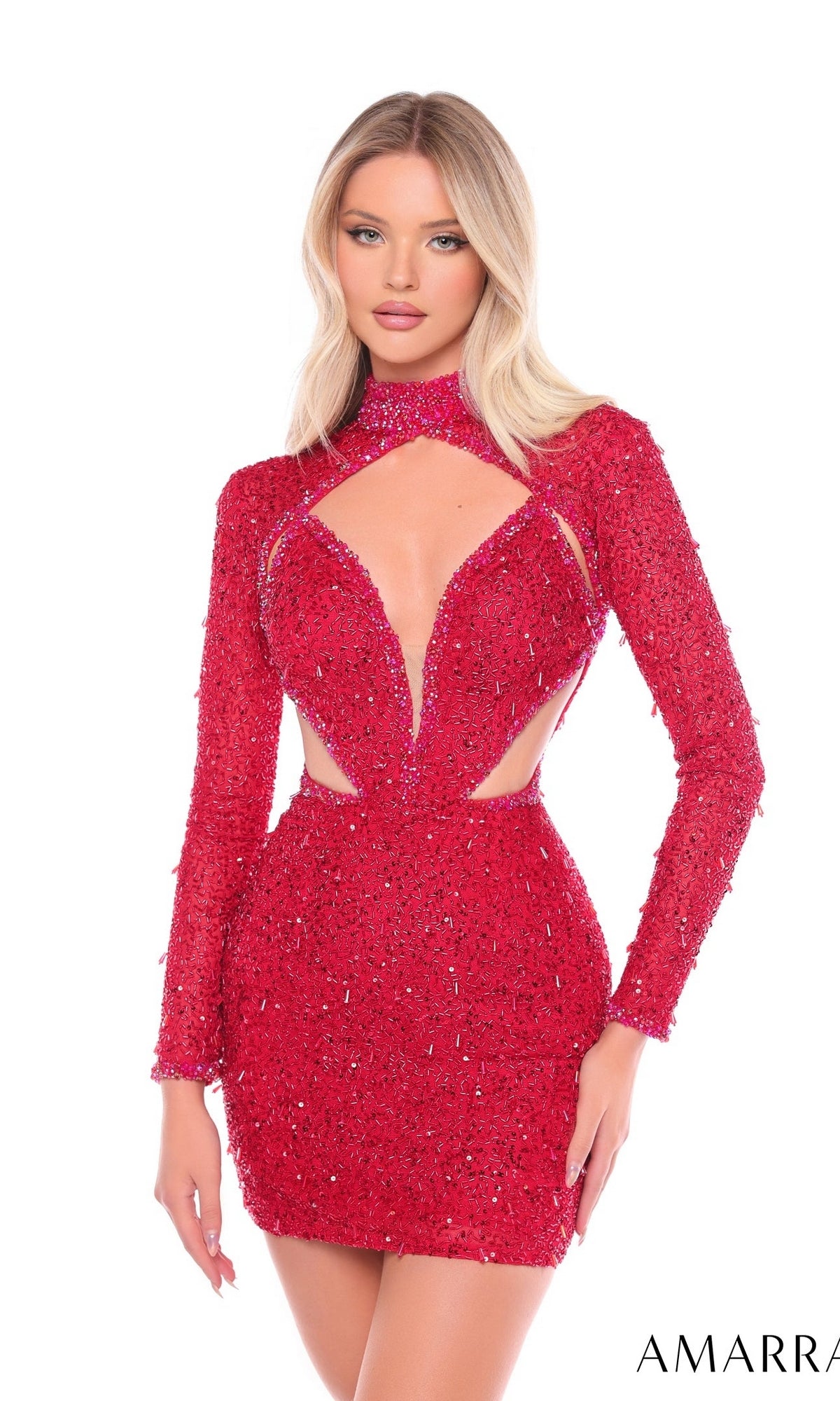 A woman wears the Short Homecoming Dress 88020 by Amarra—a fitted, sparkly red mini dress with long sleeves, chest and side cutouts, and a high neck. The background is white.