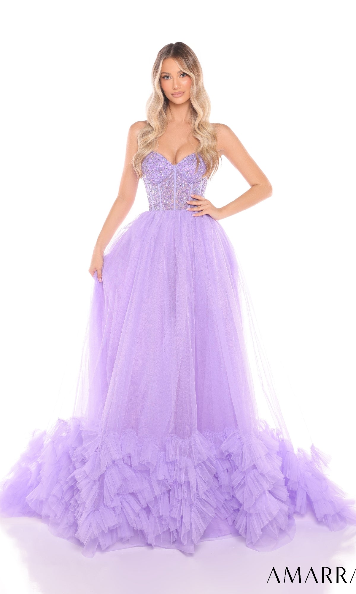 A woman models the Long Prom Dress: Amarra 88339, a strapless gown with an embellished corset bodice and a voluminous lilac tulle floor-length skirt.