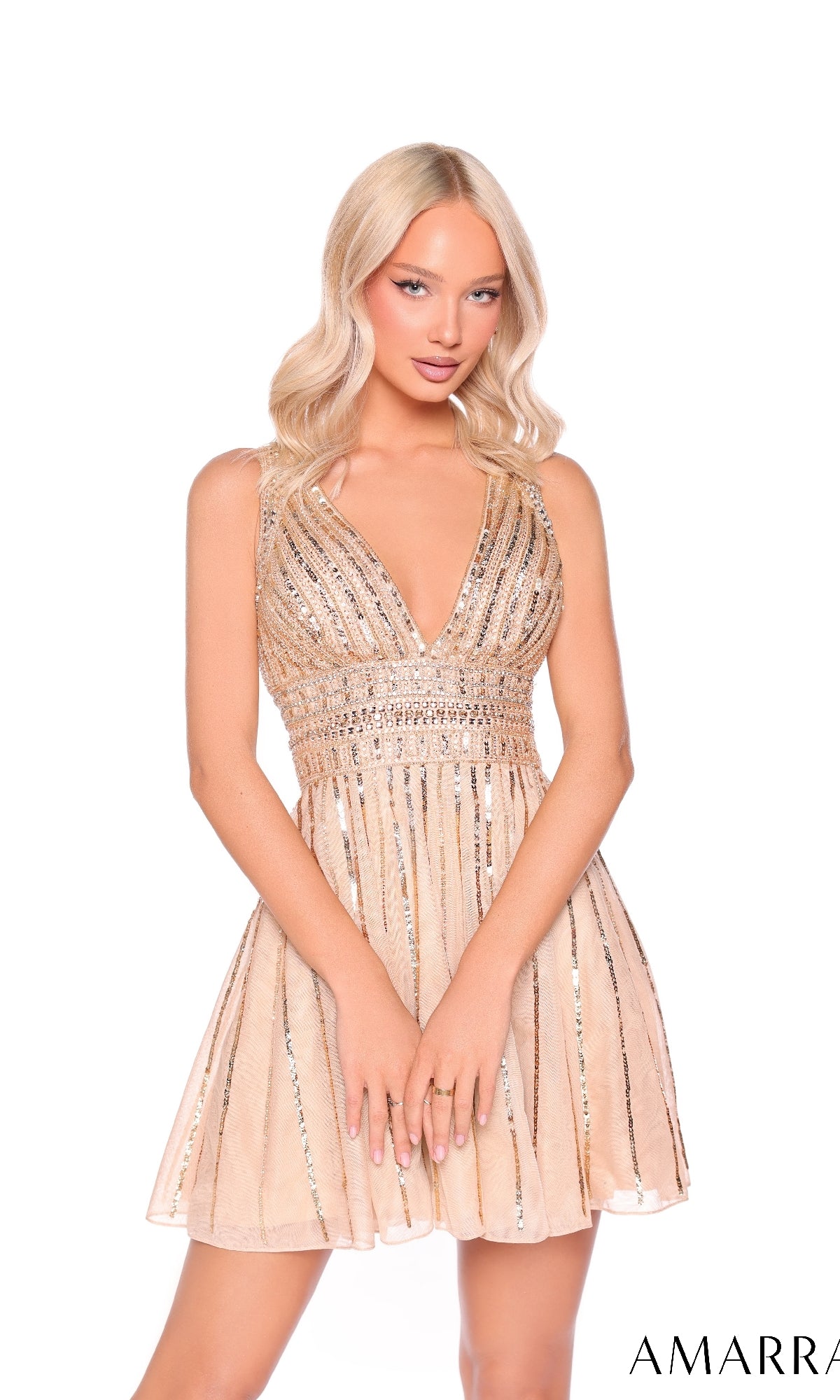Model wears the Amarra 88920 V-Neck Short Sequin Hoco Dress in light gold, featuring shimmering sequins, a deep V-neckline, and sleeveless design, posed against a plain white background.